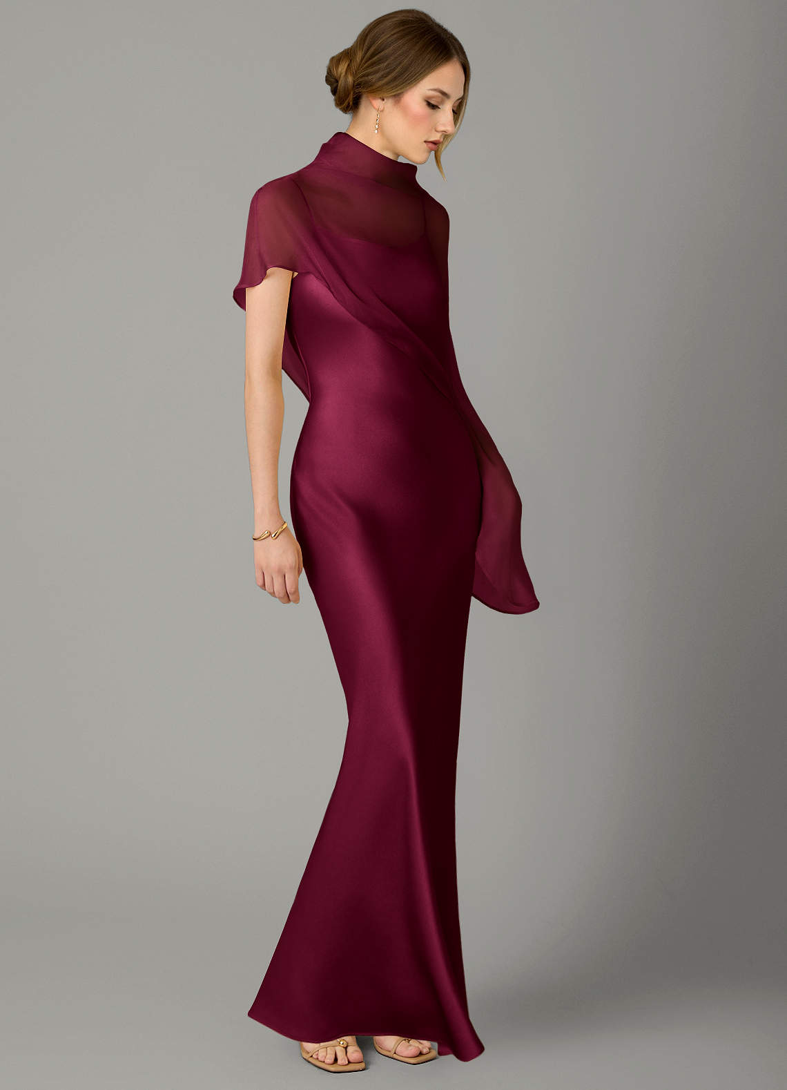 Azazie Jaleesa Bridesmaid Dresses Burgundy Sheath High Neck Stretch Satin Dress image2