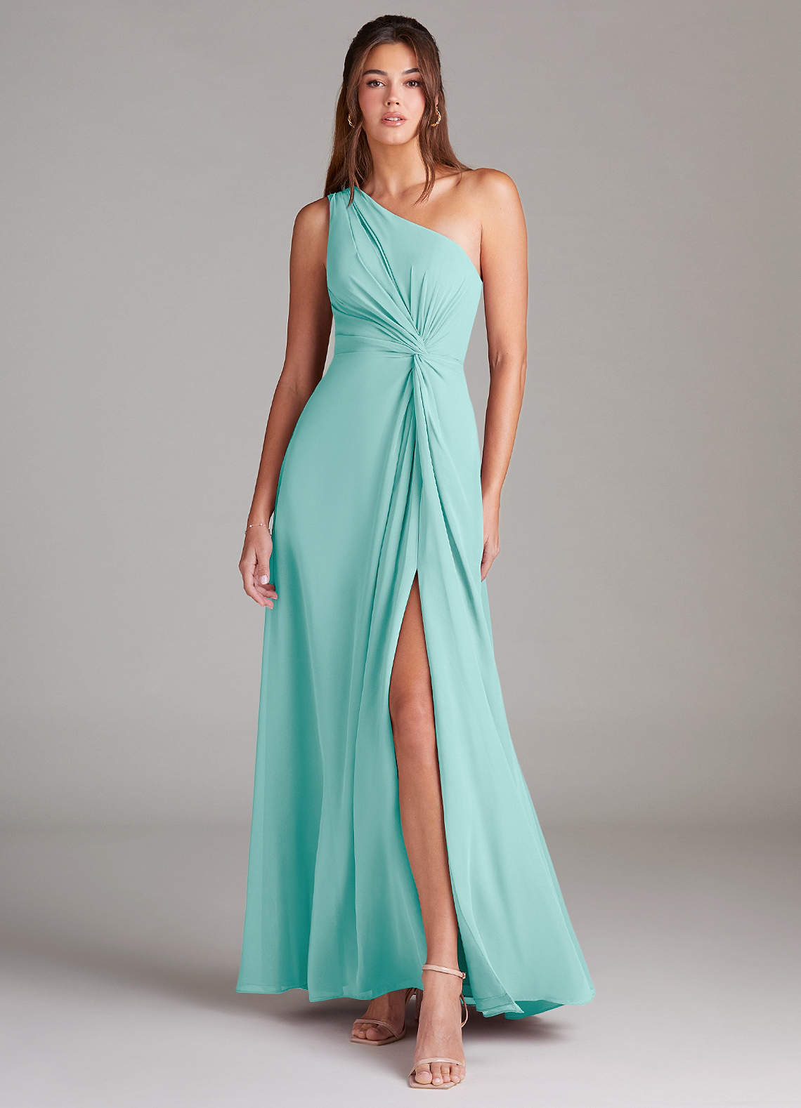 Azazie Brooke Bridesmaid Dresses Aqua A-Line One Shoulder Chiffon Dress image1