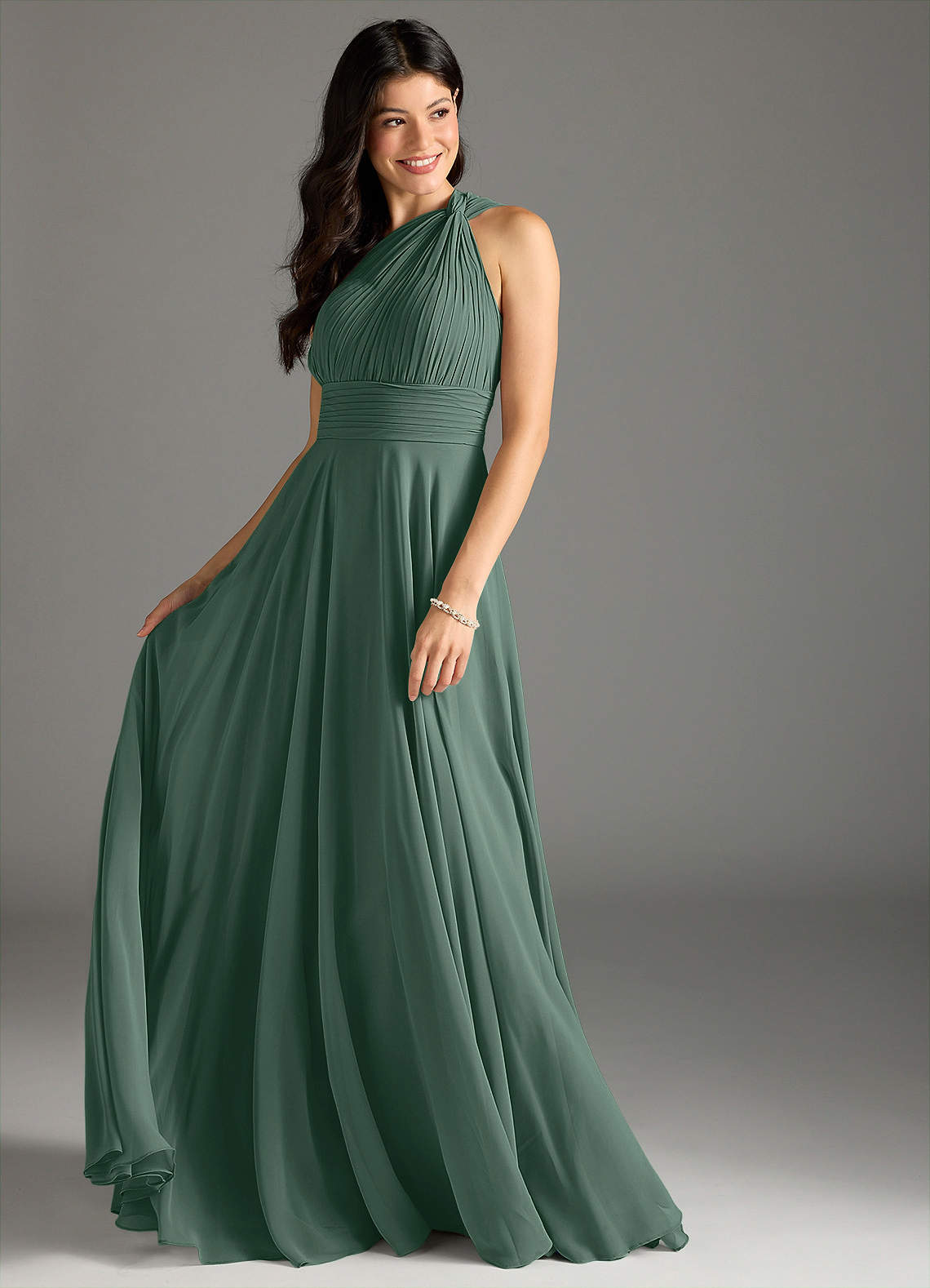 Azazie Charlize Bridesmaid Dresses Sea Moss A-Line One Shoulder Chiffon Dress image2