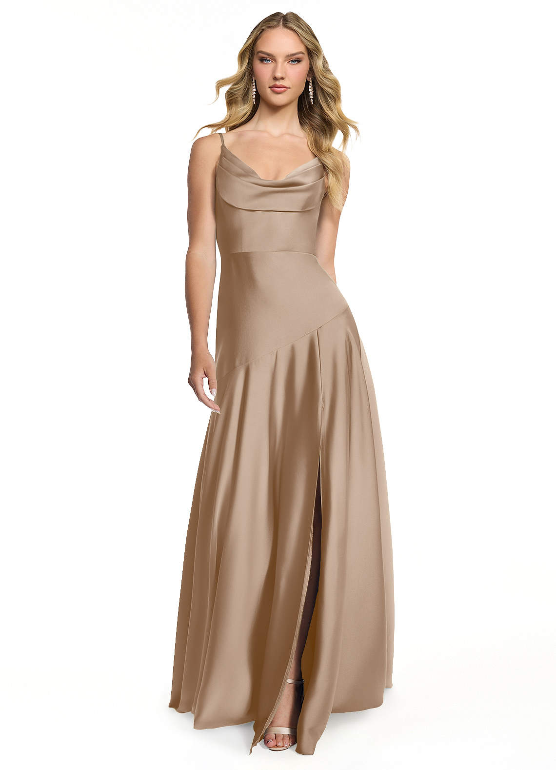 Azazie Kayla Bridesmaid Dresses Taupe Sheath Side Slit Stretch Satin Dress image1