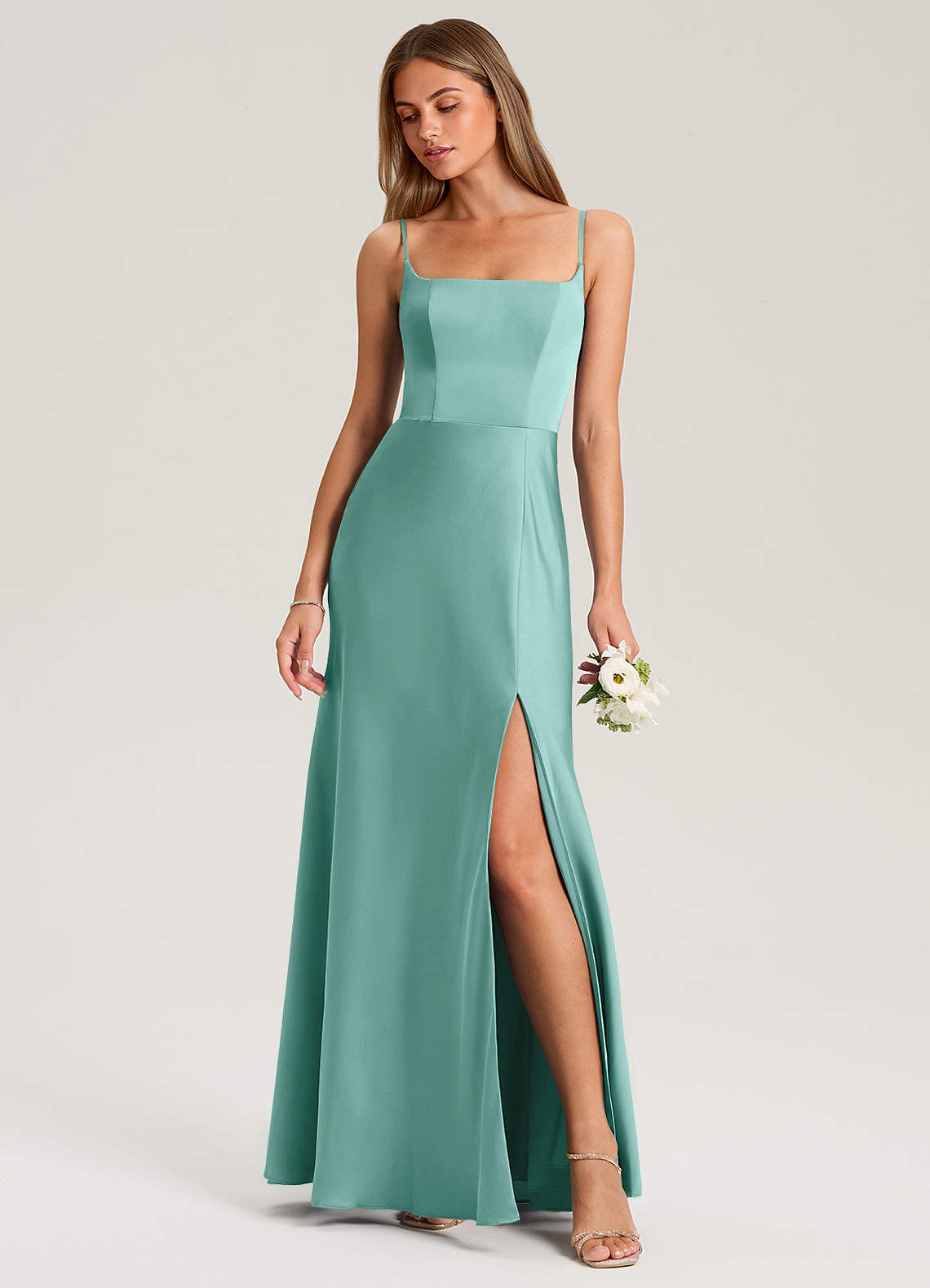 Azazie Lidia Bridesmaid Dresses Aqua Mermaid Side Slit Stretch Satin Dress image1