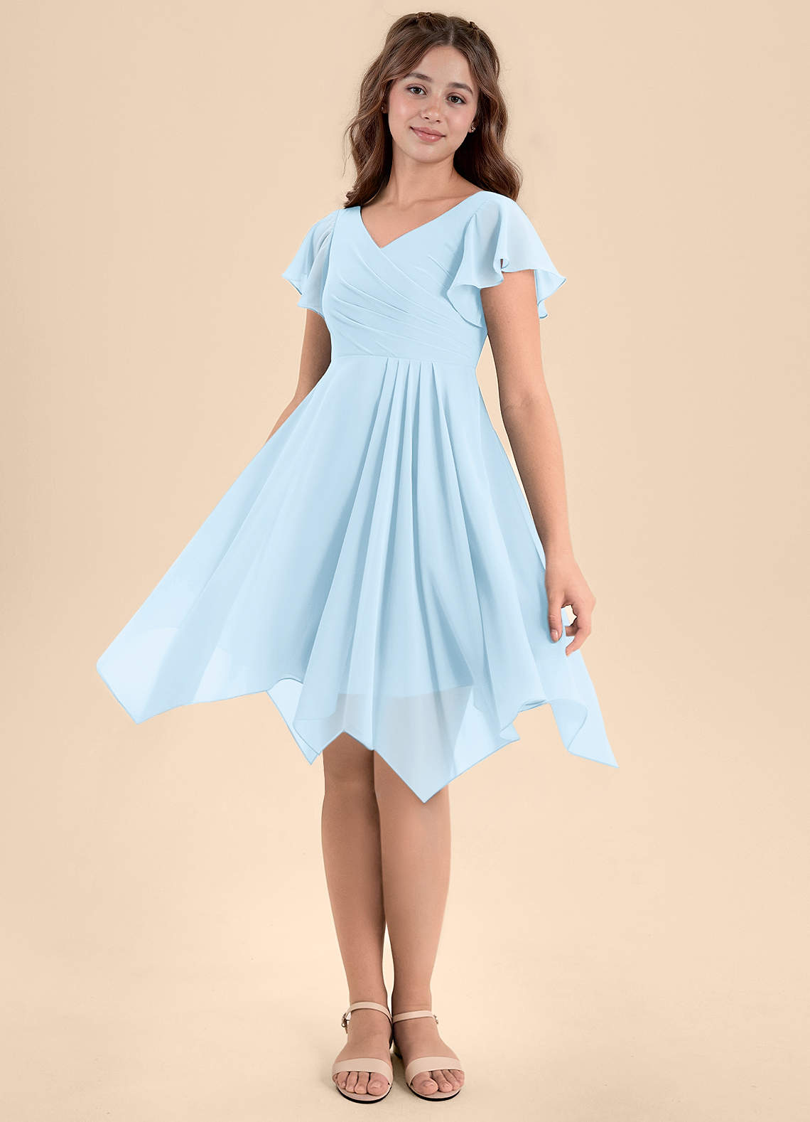 Azazie Janeaurelia Junior Vestido de Azul Cielo de Gasa de Corte En A con Plisado image3