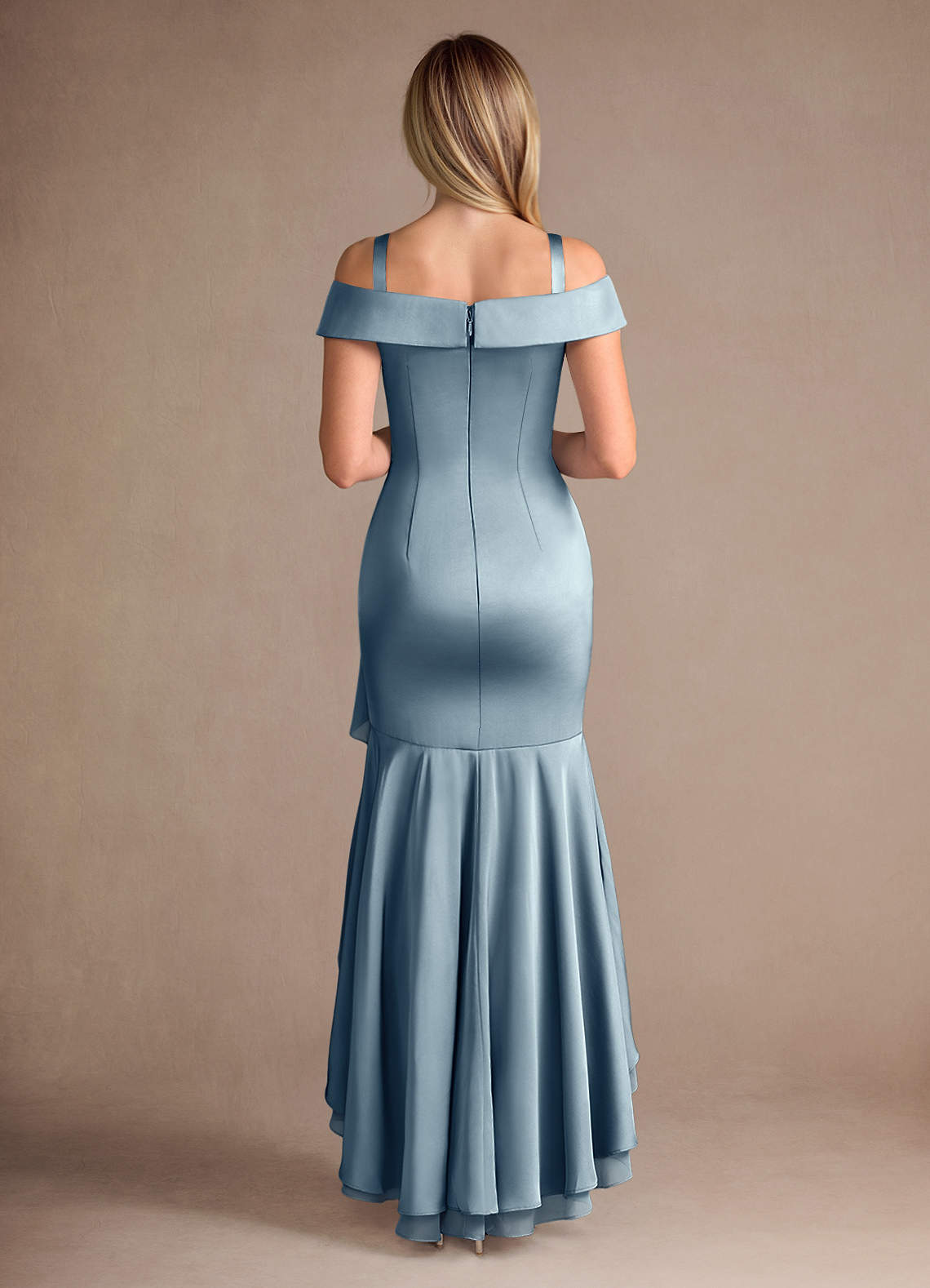 Azazie Billings Mother of the Bride Dresses Dusty Blue Mermaid Off the Shoulder Stretch Satin Dress image7