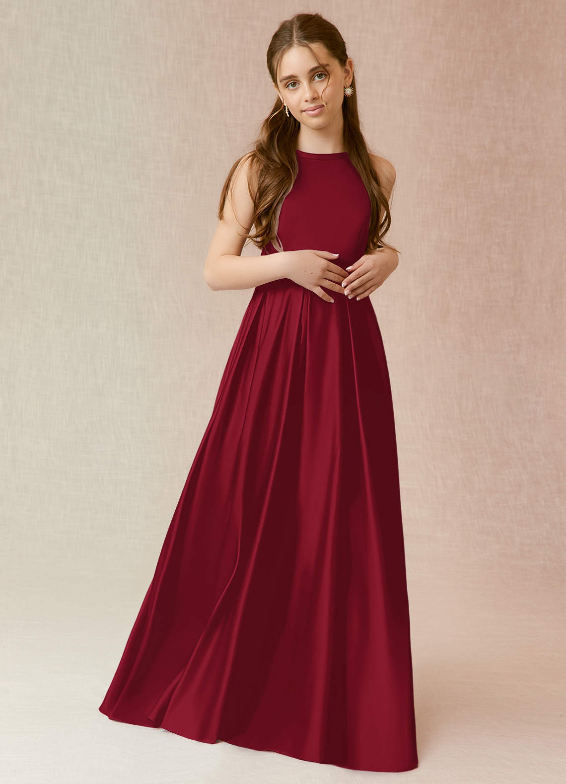 Azazie Arianthe Junior Burgundy A-Line with Pockets Matte Satin Dress image1