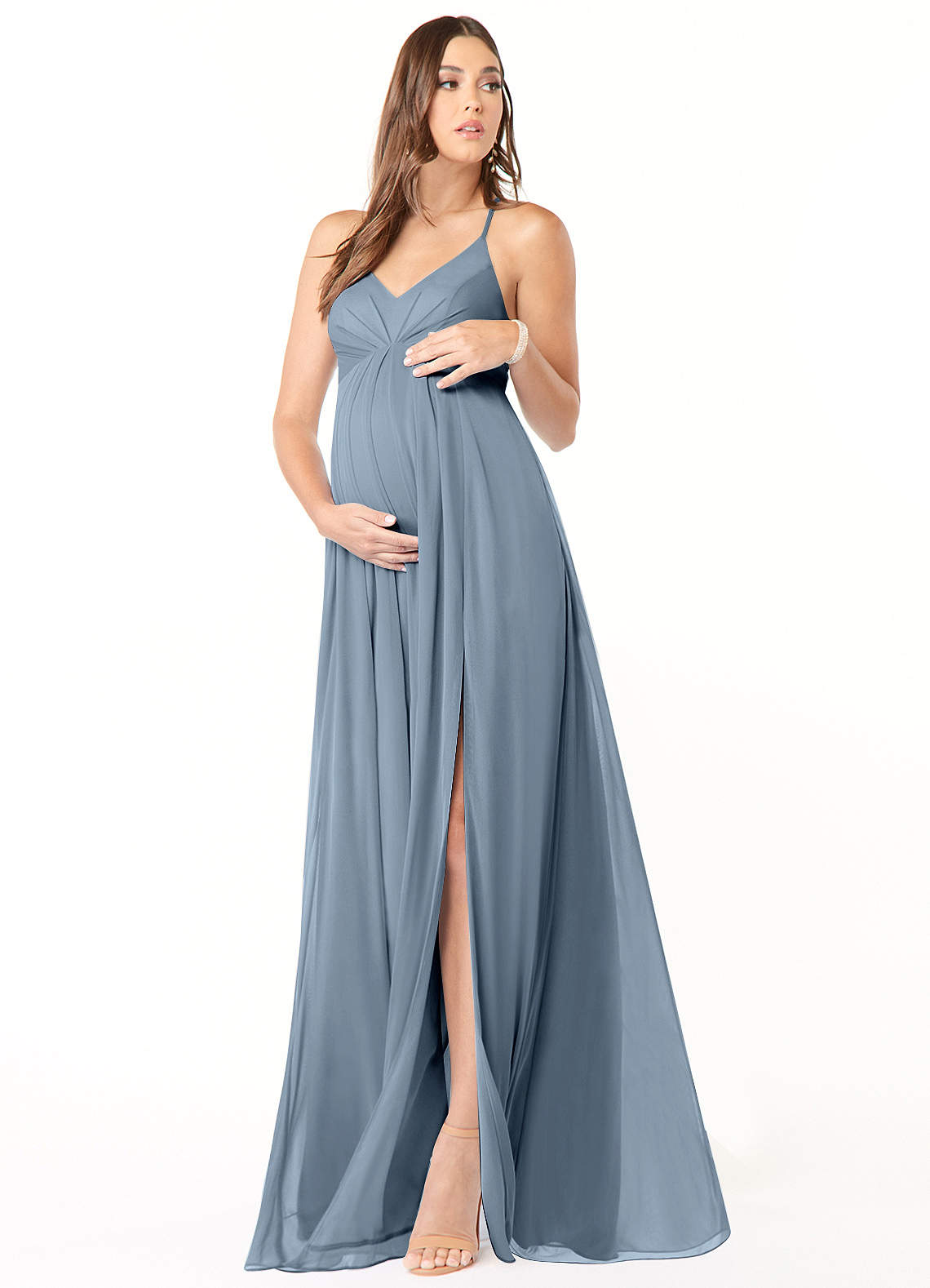 Azazie Annabelle Maternity Bridesmaid Dresses A-Line V-Neck Pleated Mesh Floor-Length Dress image1