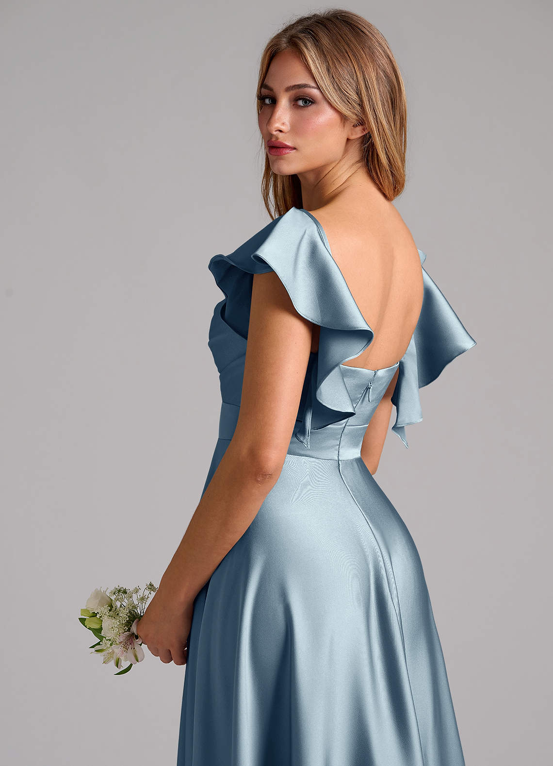 Azazie Leilani Bridesmaid Dresses Dusty Blue A-Line Ruched Stretch Satin Dress image8