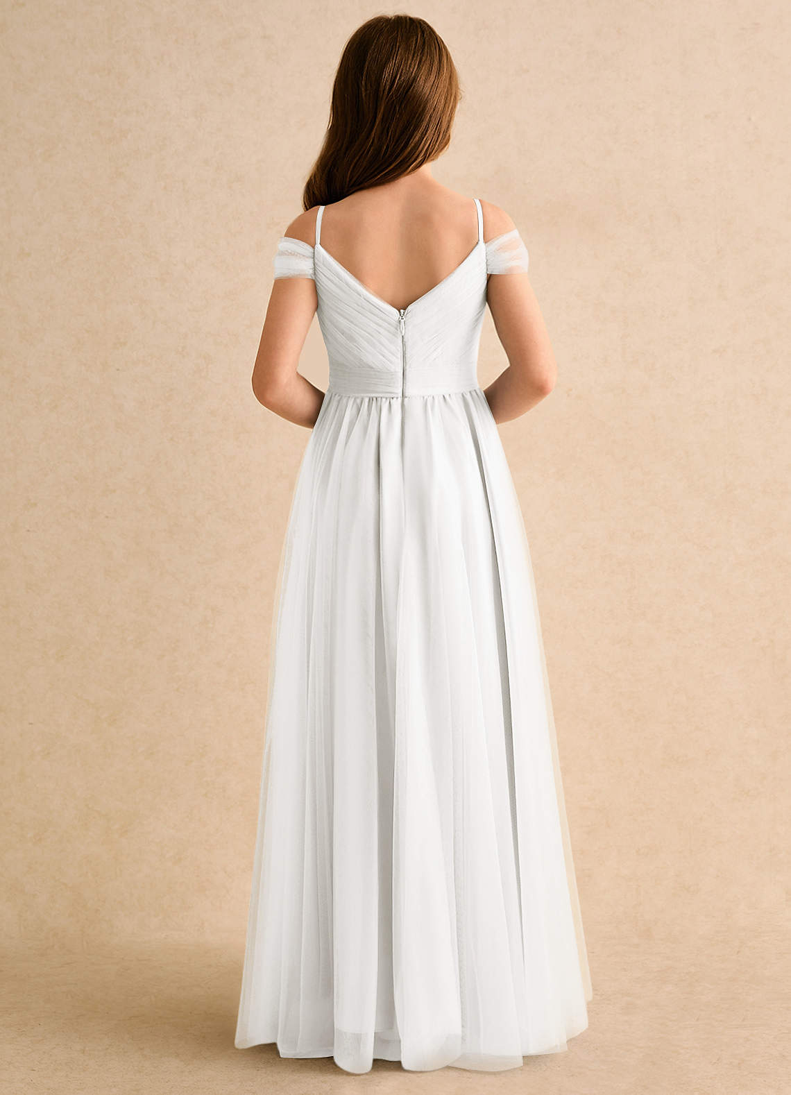 Azazie Yuna Girls Formal Kukkatyttöjen mekot A-linja Olkapään ulkopuolella Tylli Lattian pituus Pukeutua image1