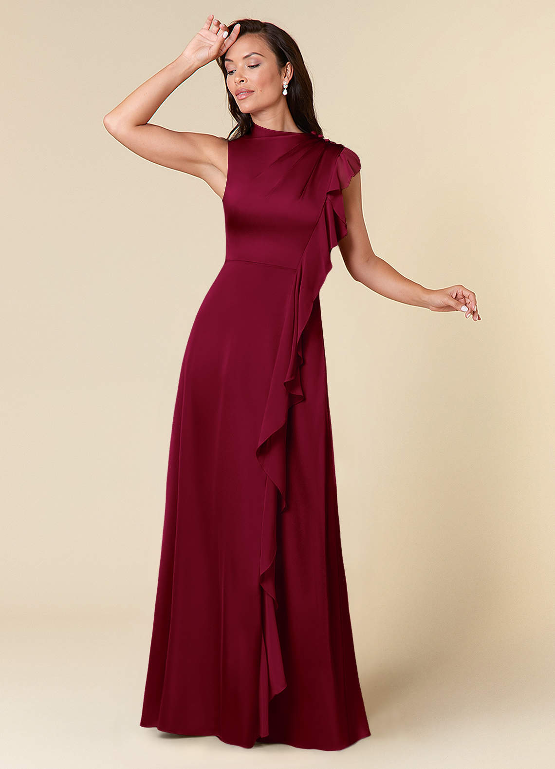 Azazie Narine Mother of the Bride Dresses Burgundy A-Line High Neckline Pleated Stretch Satin Dress image1