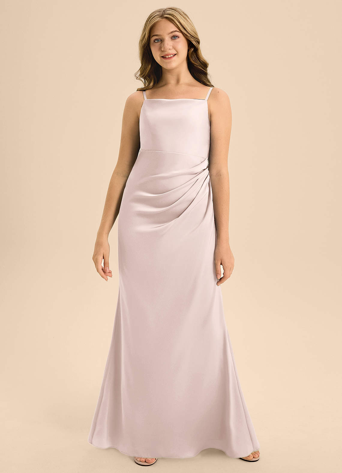 Azazie Renna Junior Vestido de Rosa Rubor de Satén Elástico de Corte en A con Plisado image3