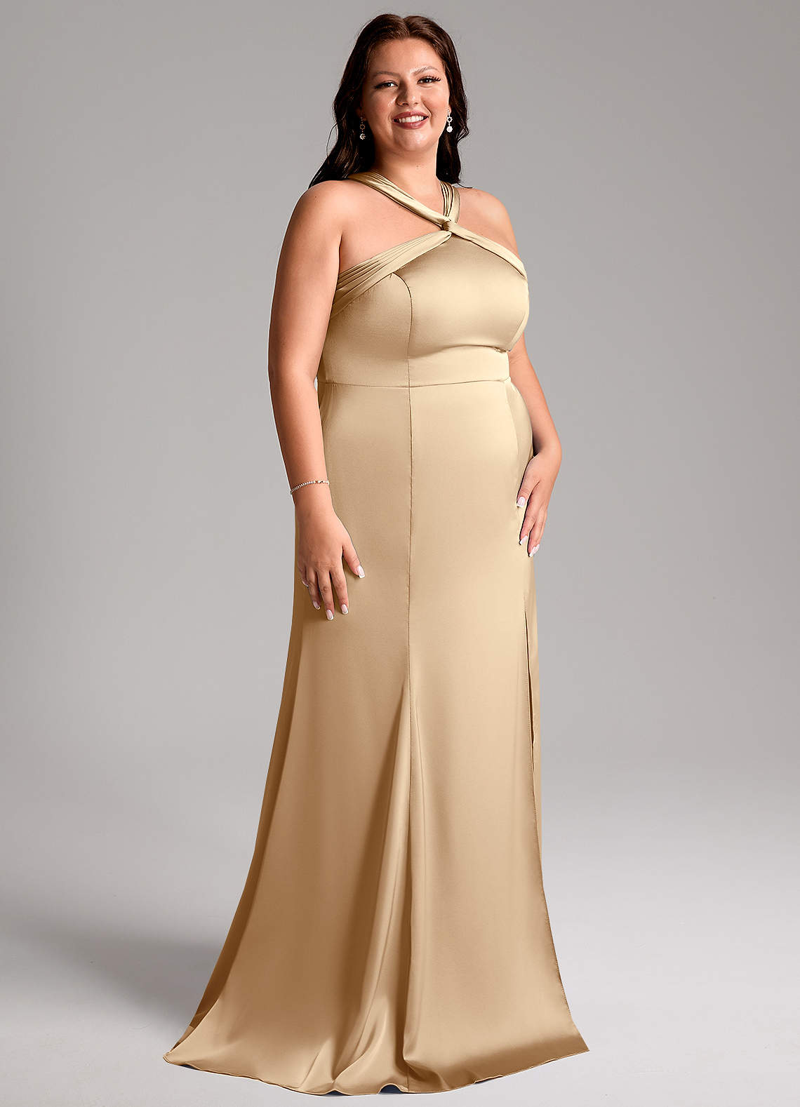 Azazie Rue Bridesmaid Dresses Champagne Mermaid Pleated Stretch Satin Dress image11