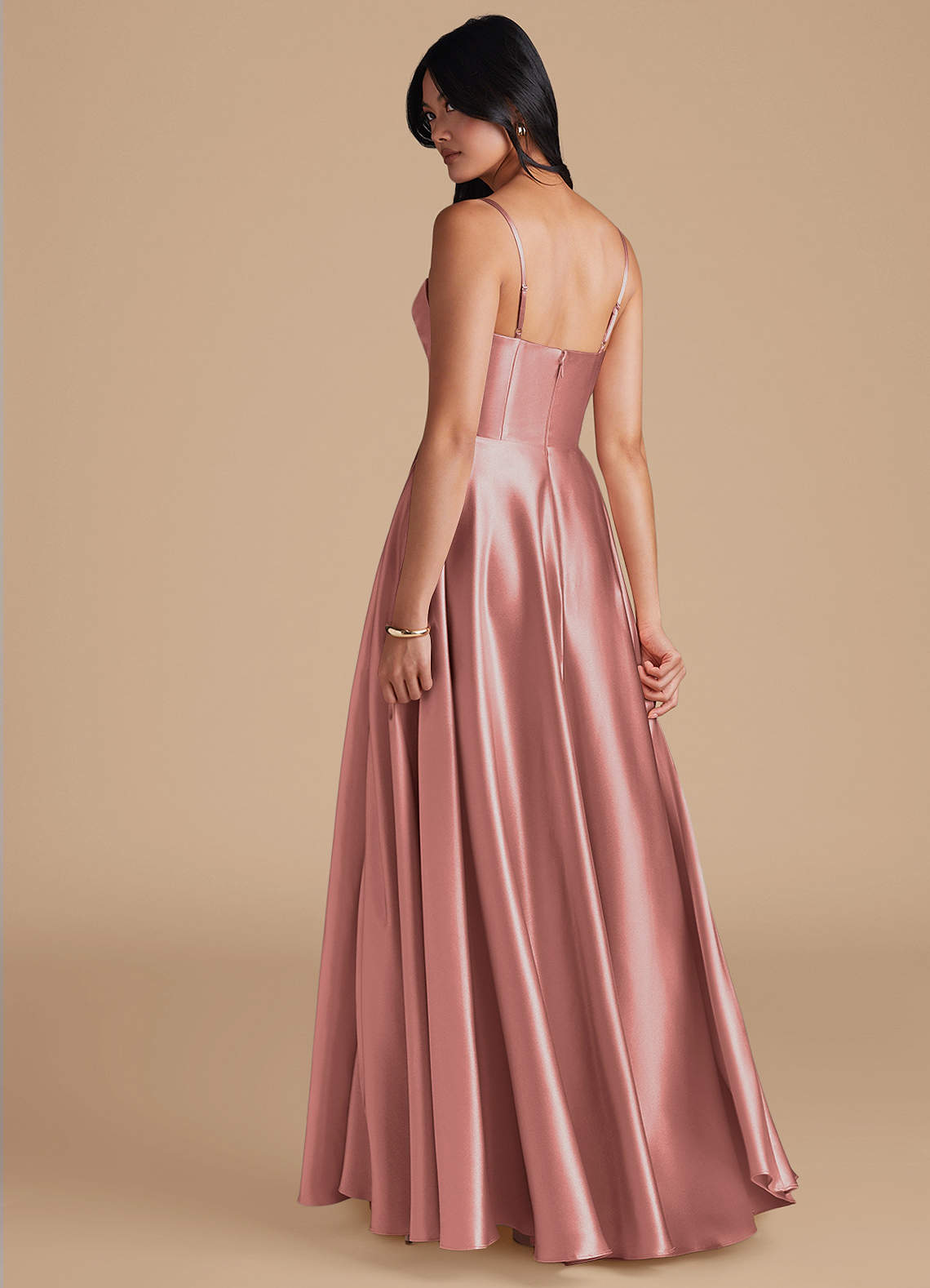 Azazie Elle Bridesmaid Dresses Dusty Rose A-Line with Pockets Metallic Satin Dress image1