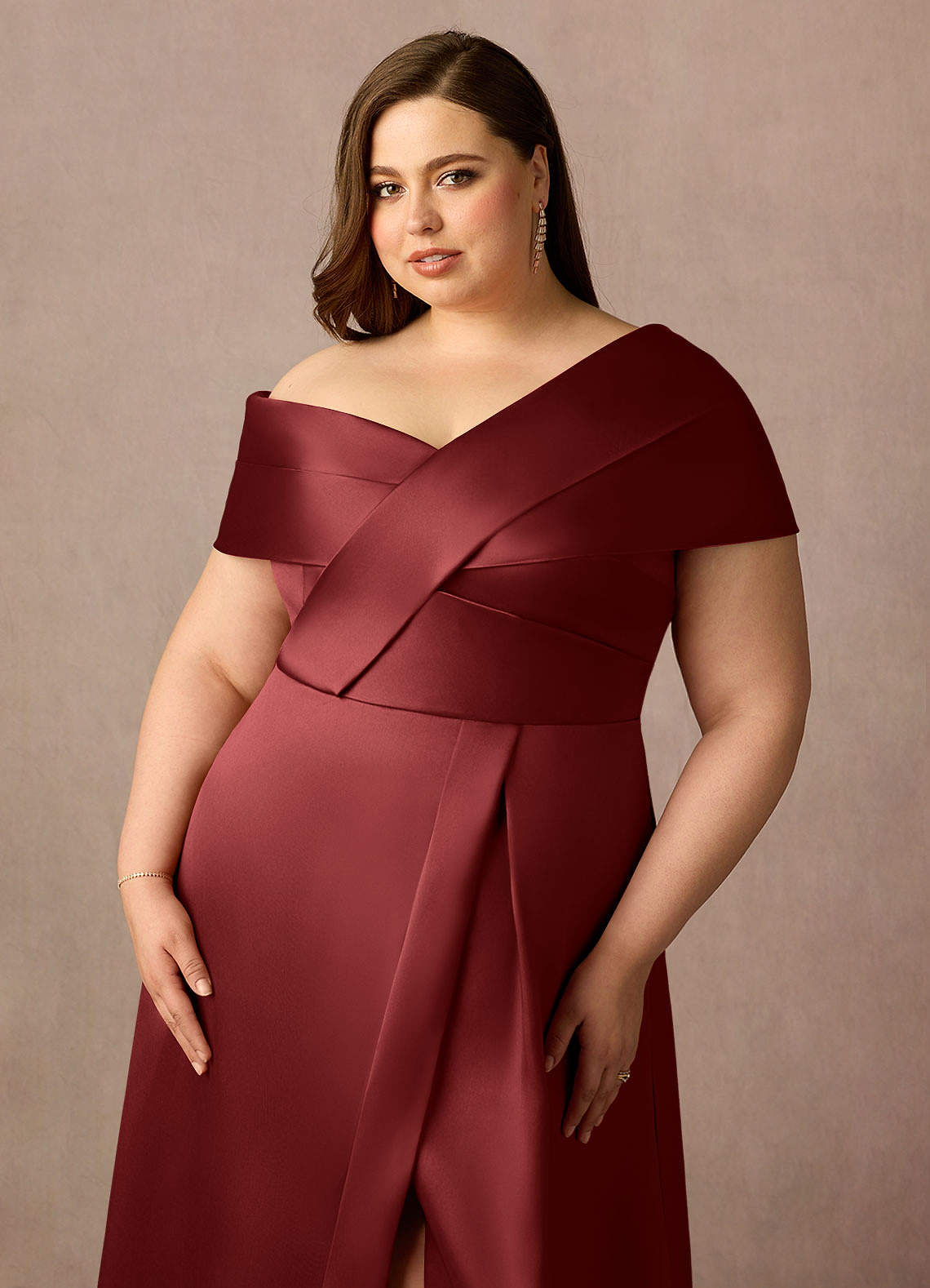 Azazie Marissa At-home Try On Dresses Burgundy A-Line Pleated  Mikado Dress image10