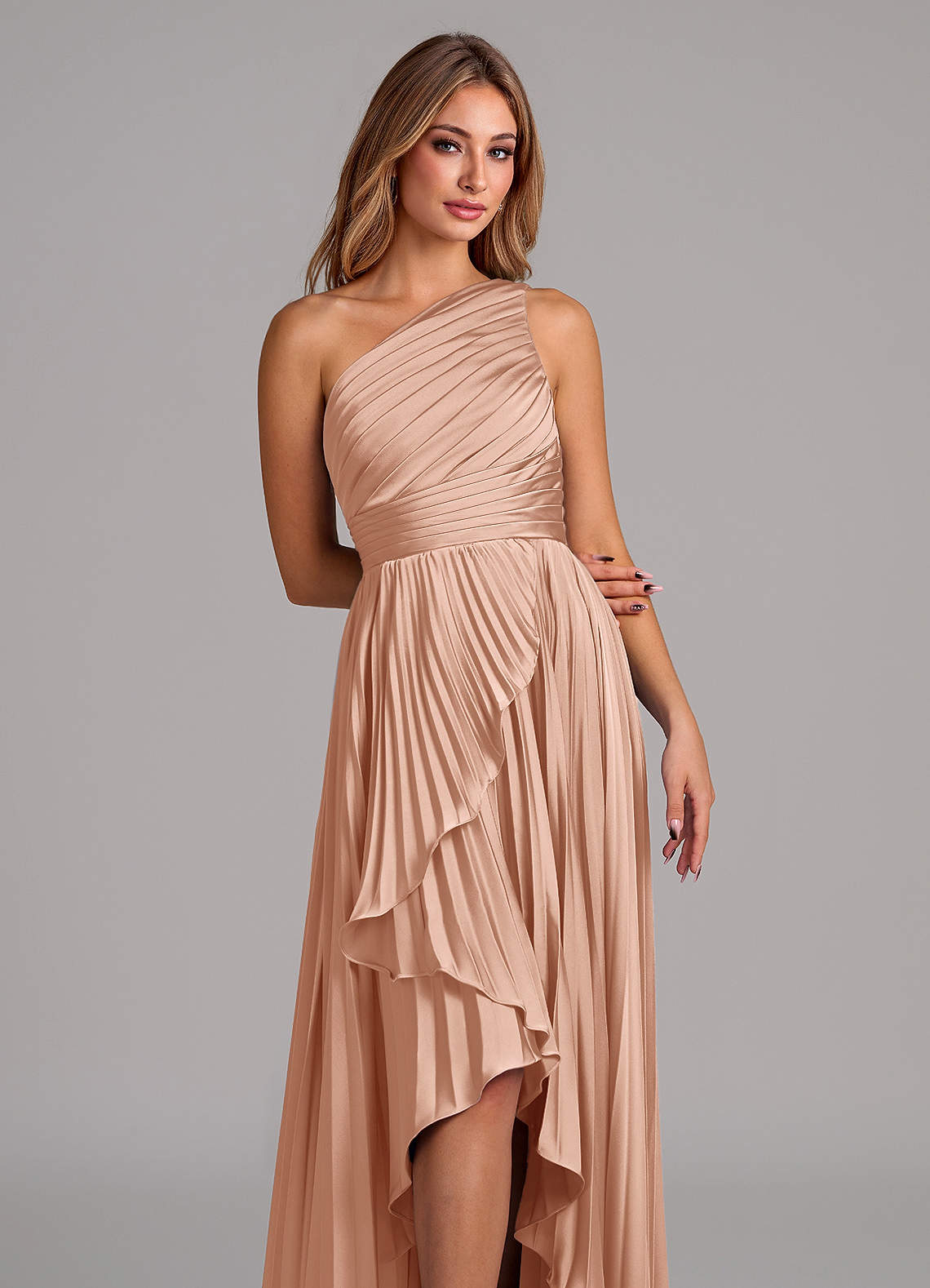 Azazie Lyrica Rose Gold Stretch Satin Bridesmaid Dresses | Azazie Azazie Lyrica Rose Gold Stretch Satin Bridesmaid Dresses | Azazie