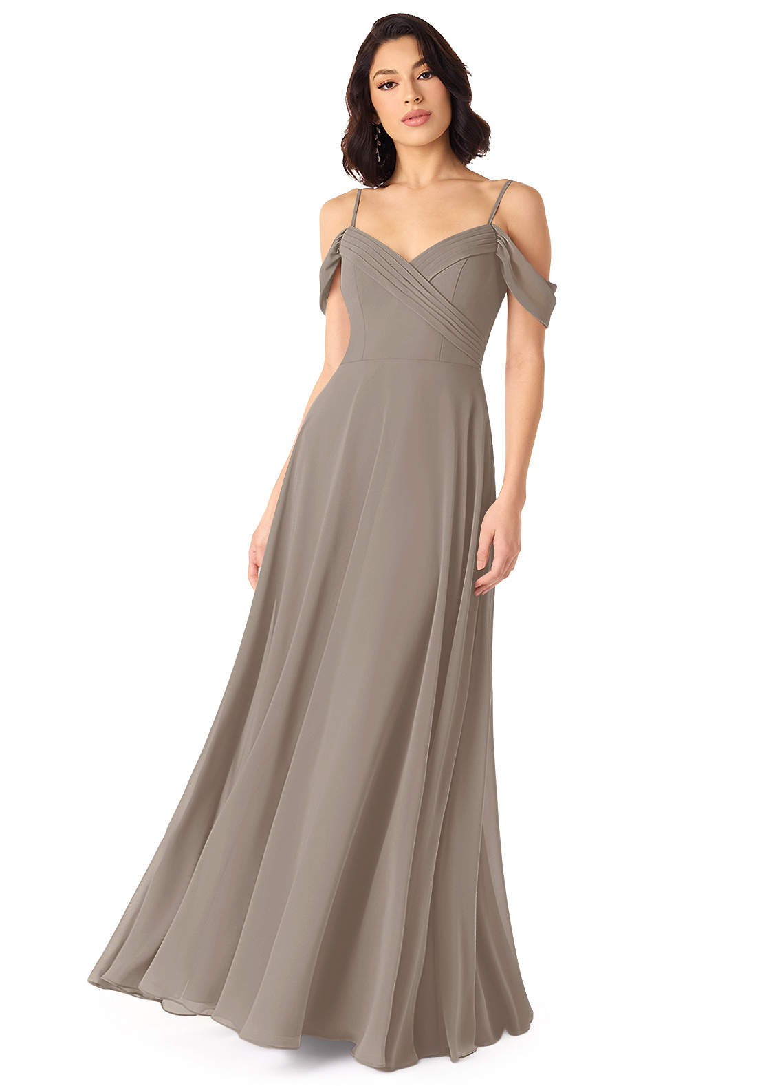 Azazie Tancie Bridesmaid Dresses Taupe A-Line Off the Shoulder Chiffon Convertible Dress image1