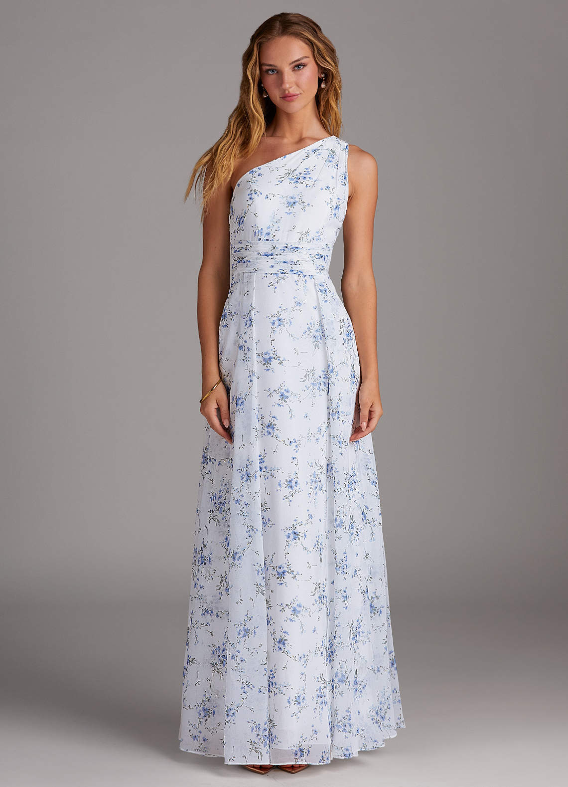 Azazie Dallas Bridesmaid Dresses Blue Cottage Floral A-Line One Shoulder Chiffon Dress image1