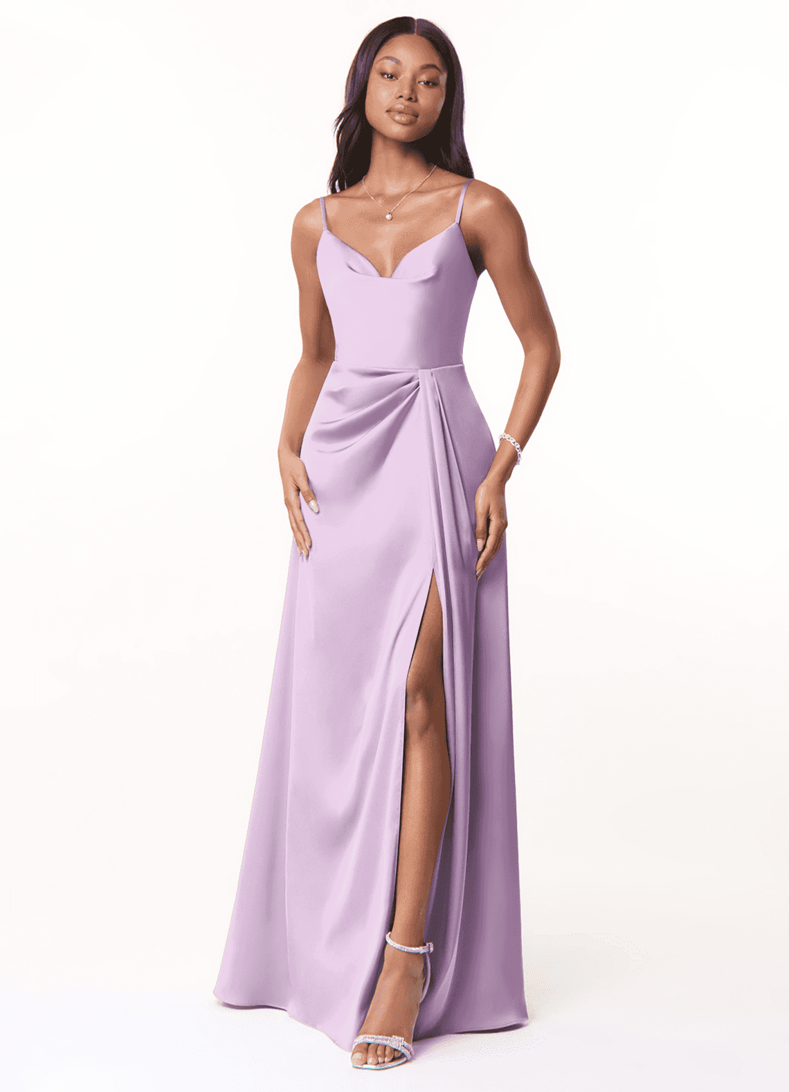 Azazie Brielle Bridesmaid Dresses Frosted Lilac A-Line Cowl Spaghetti Straps Stretch Satin Dress image1