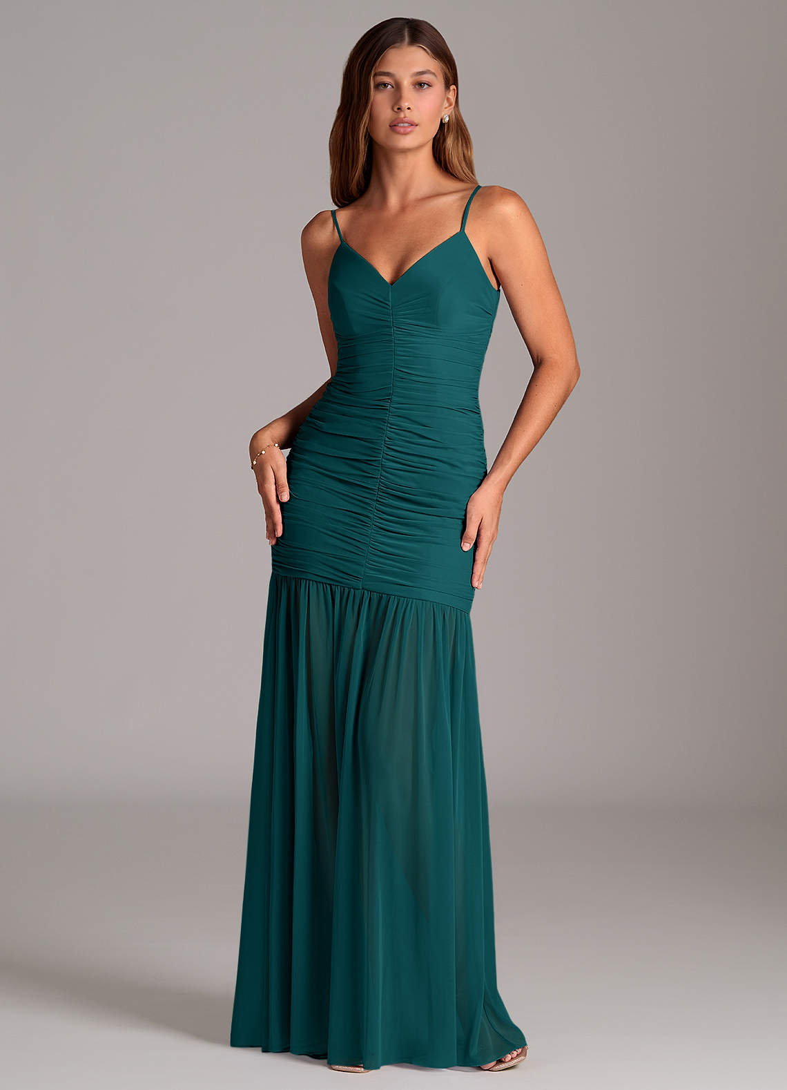 Azazie Aimie Bridesmaid Dresses Peacock Mermaid Mesh Dress image1