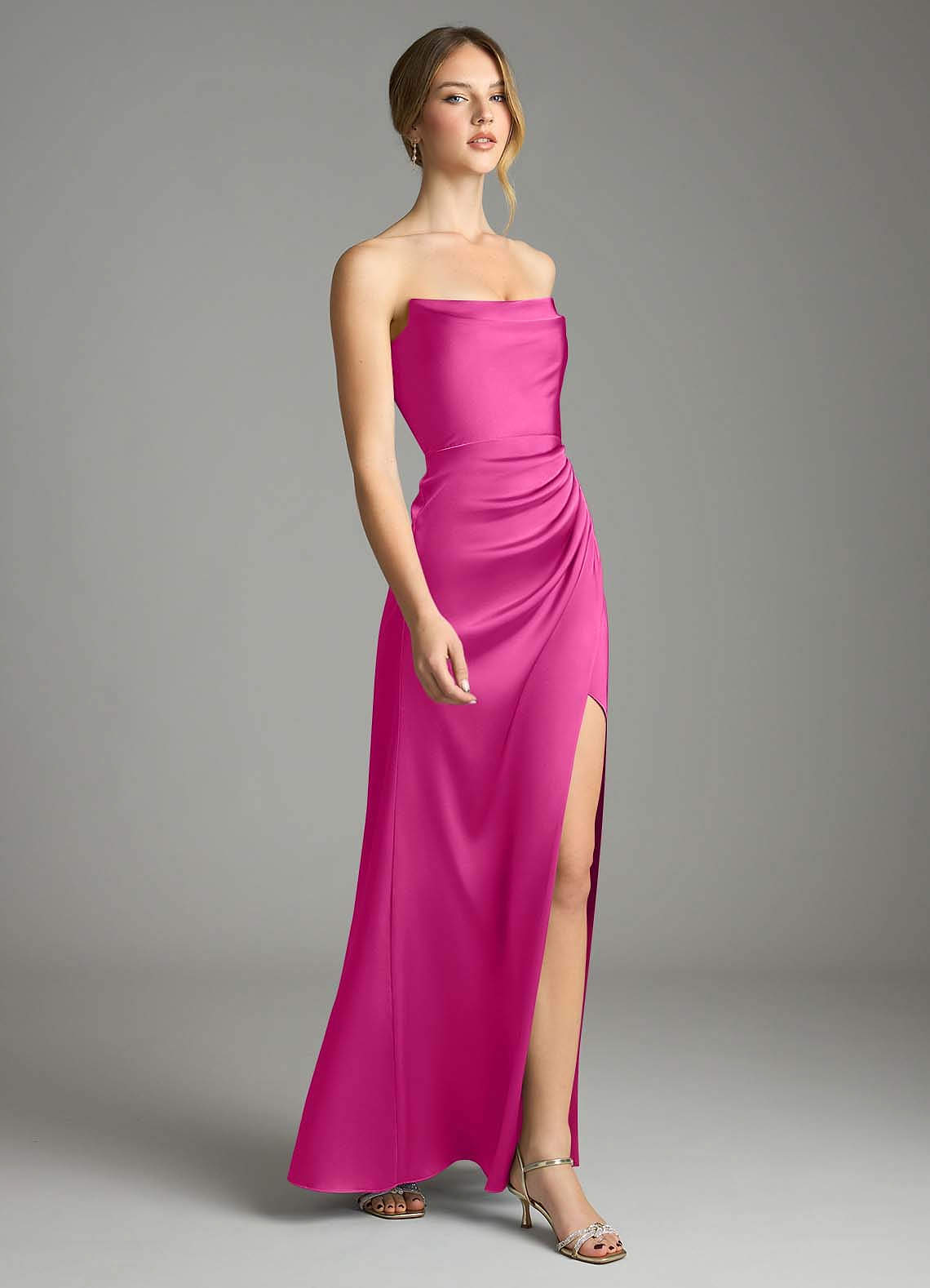 Azazie Leonis Vestidos de damas de honor Vestido de Fucsia de Satén Elástico de Corte Sirena Convertible con Plisado image5