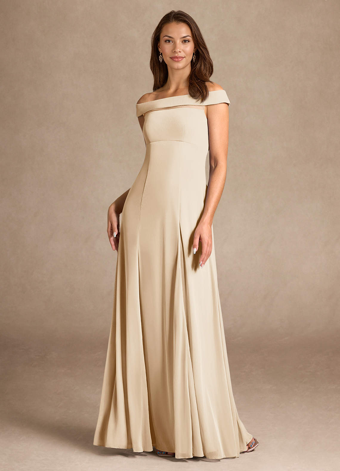 Azazie Ewa Mother of the Bride Dresses Champagne A-Line Off the Shoulder Mesh Dress image1