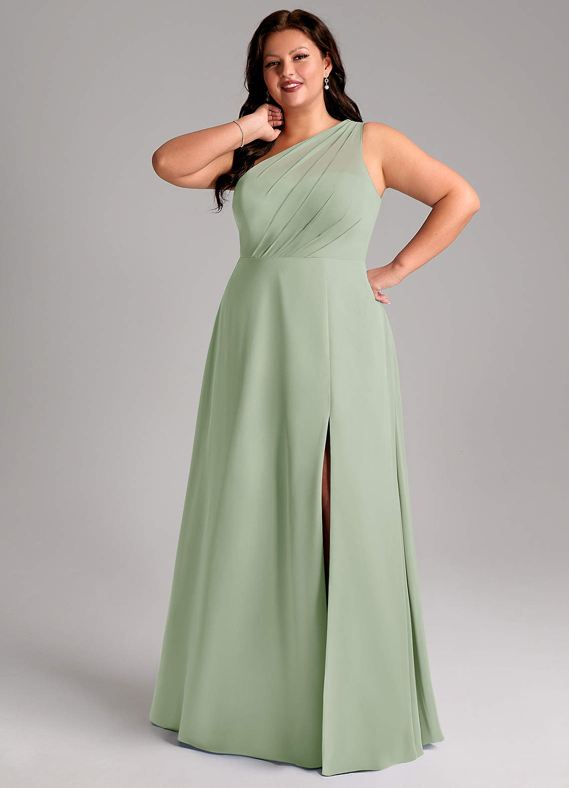 Azazie Phaedra Vestidos de madrinha de casamento Vestido Dusty Sage de Chiffon de Linha A com Um ombro image14