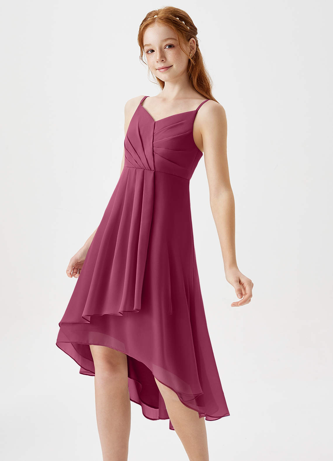 Azazie Mariam Junior Abito A-Line in Chiffon Plissettato Gelso image1