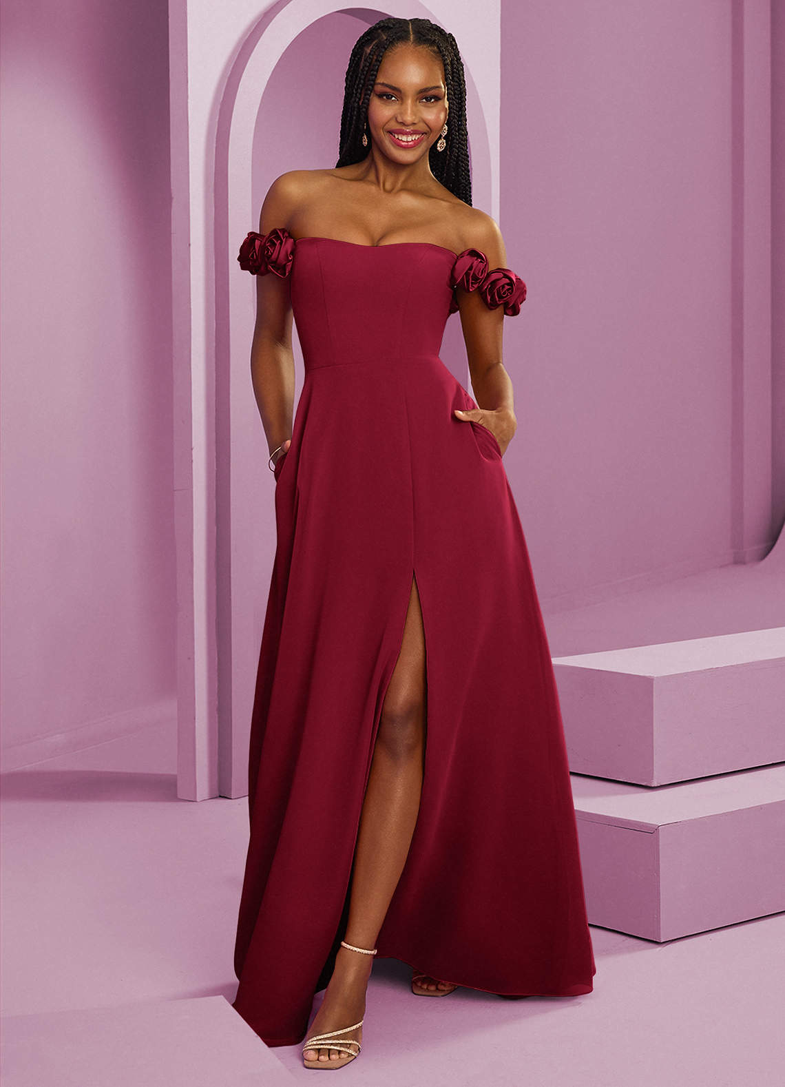Barbie ♥ Azazie Jurken voor bruidsmeisjes Converteerbaar Jurk van Chiffon met A-Lijn Off the Shoulder Bourgondië image1