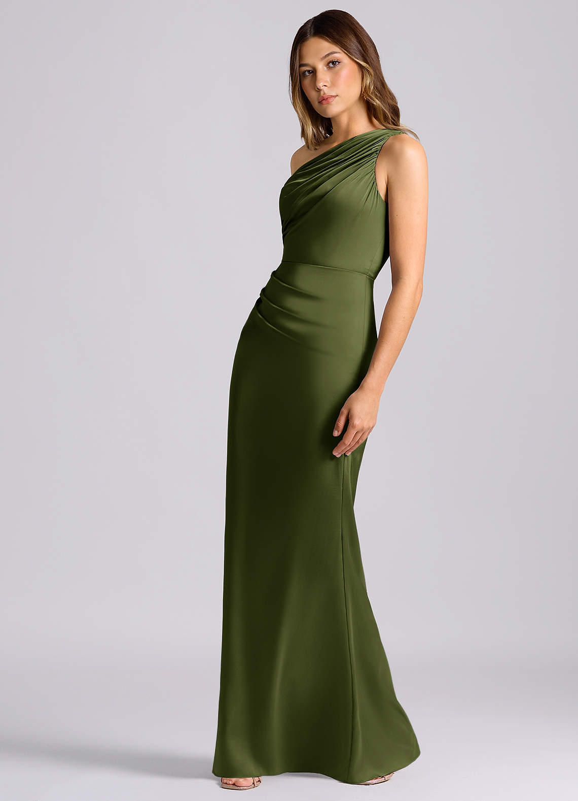 Azazie Akilah Bridesmaid Dresses Olive Mermaid One Shoulder Stretch Satin Dress image4