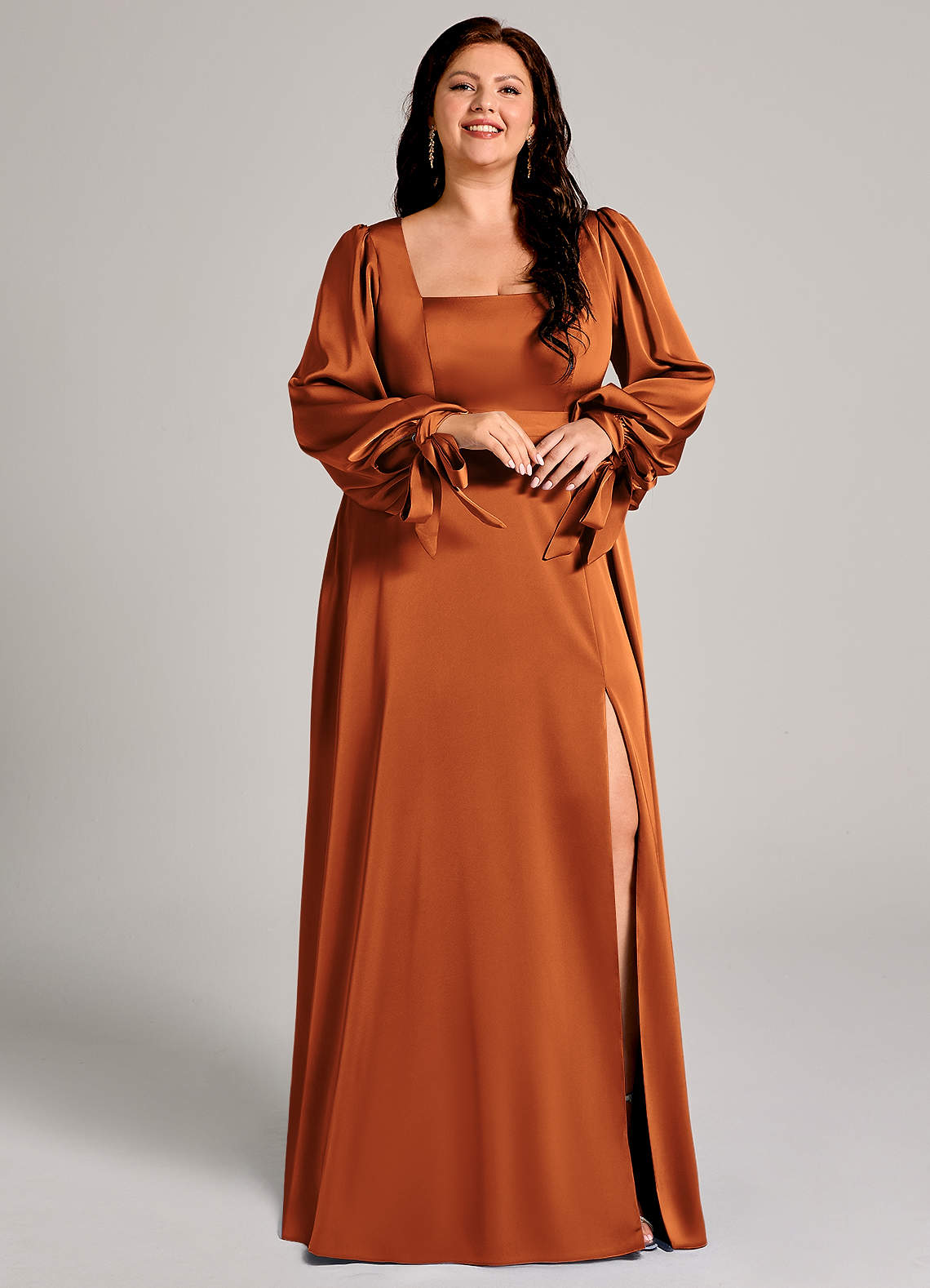 Azazie Leonia Bridesmaid Dresses Cinnamon A-Line Long Sleeve Stretch Satin Dress image11