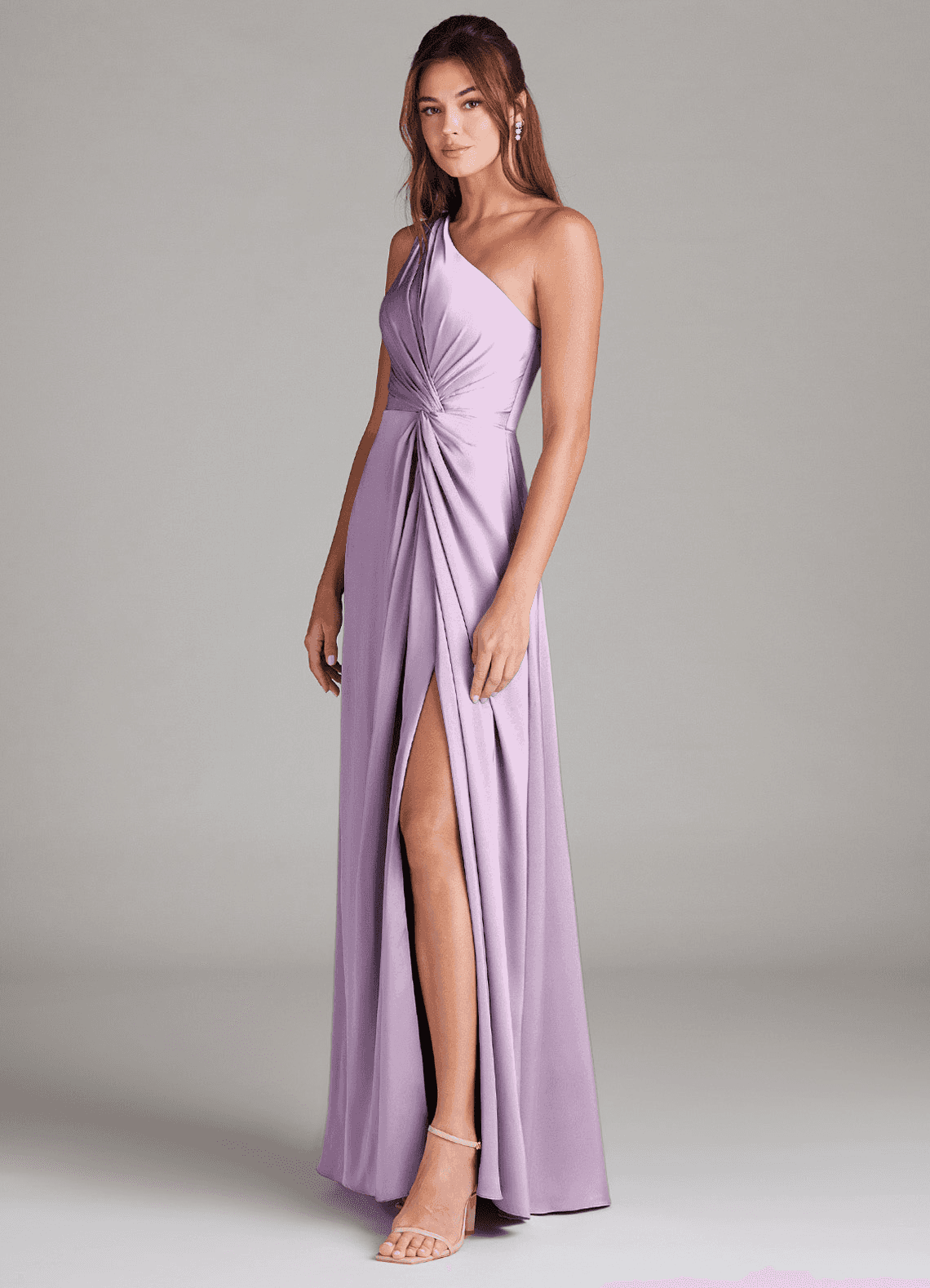 Azazie Brooke Bridesmaid Dresses Frosted Lilac A-Line One Shoulder Stretch Satin Dress image3