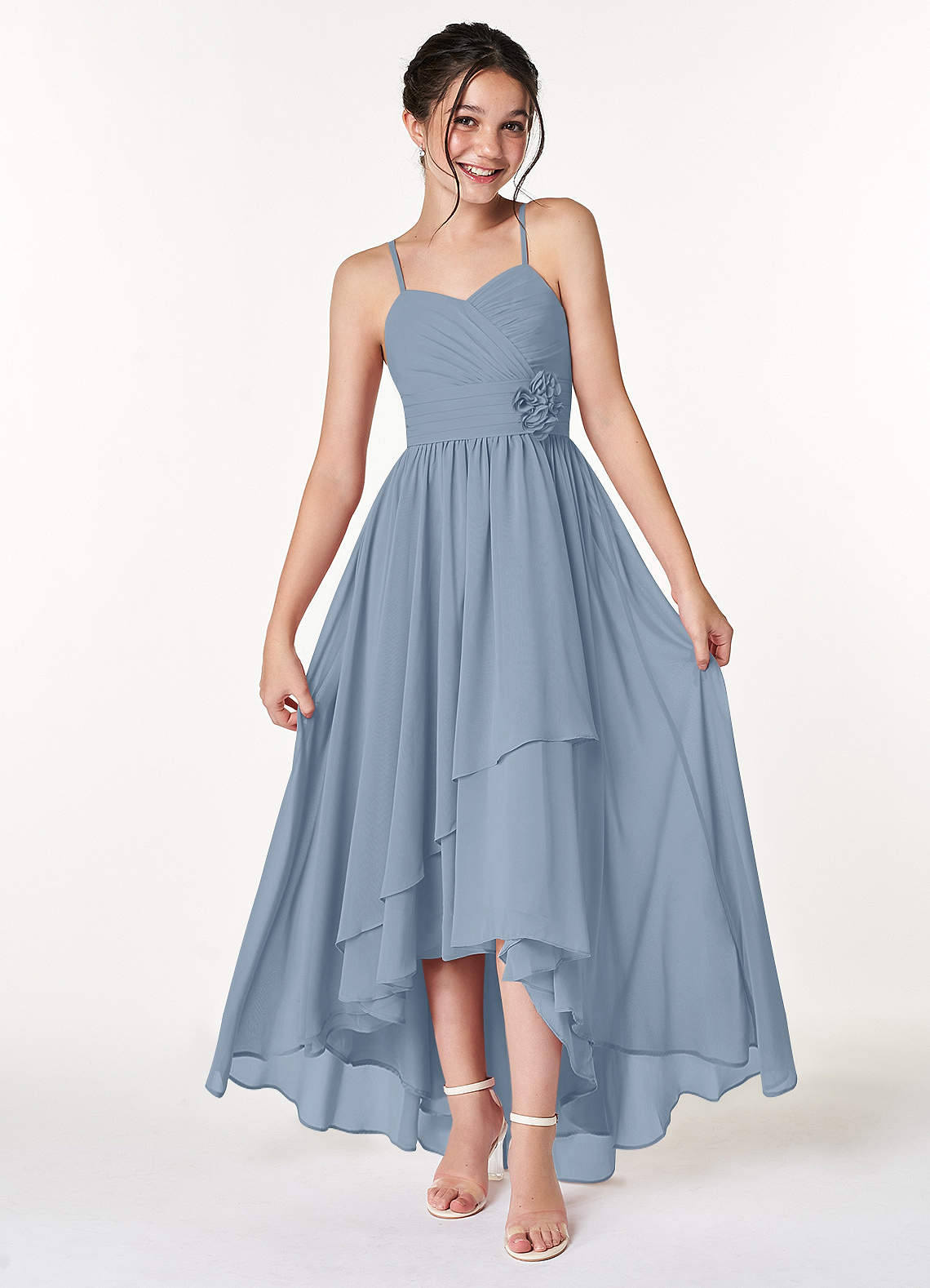 Azazie Catalina Junior Dusty Blue A-Line Ruched Chiffon Dress image1