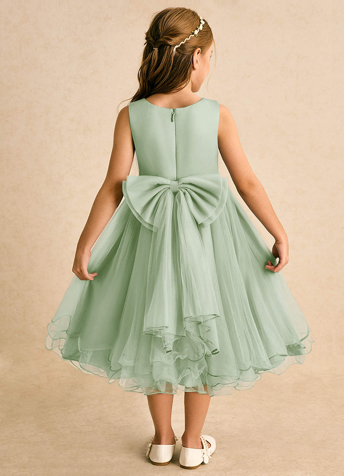 Azazie Lass Abiti da Ragazza di Fiori Abito A-Line in Tulle Fiocco Verde Salvia image1