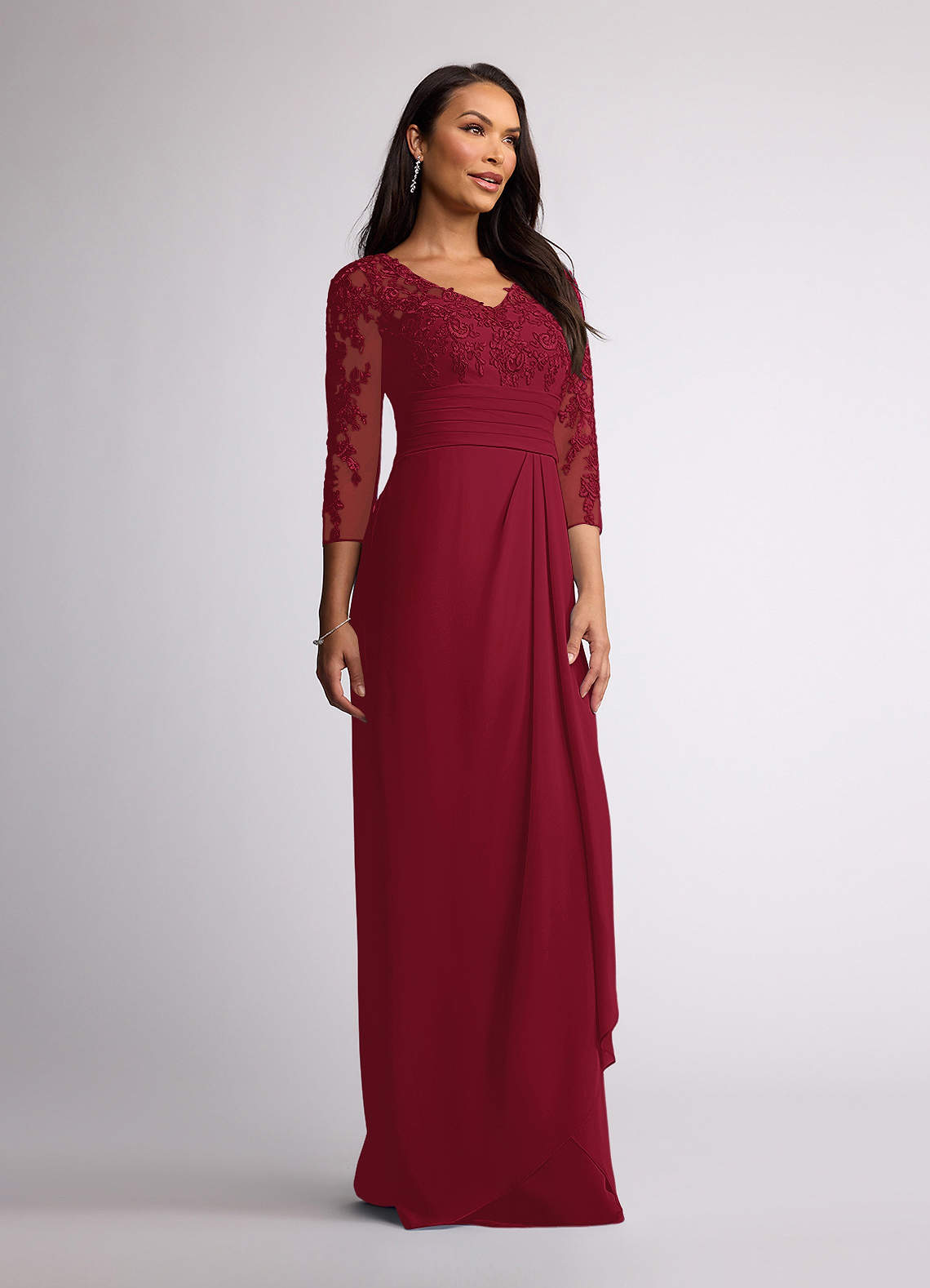 Azazie Joan Burgundy Sheath V-Neck Lace Chiffon Dress Ready to Ship | Azazie Azazie Joan Burgundy Sheath V-Neck Lace Chiffon Dress Ready to Ship | Azazie