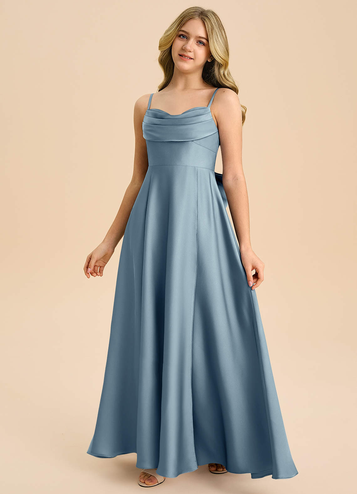 Azazie Bear Junior Dusty Blue A-Line Sweetheart Neckline Stretch Satin Dress image3