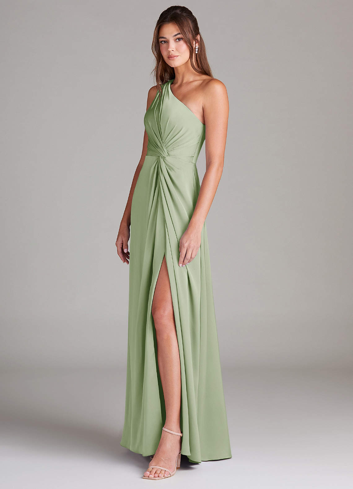 Azazie Brooke Bridesmaid Dresses Dusty Sage A-Line One Shoulder Stretch Satin Dress image4