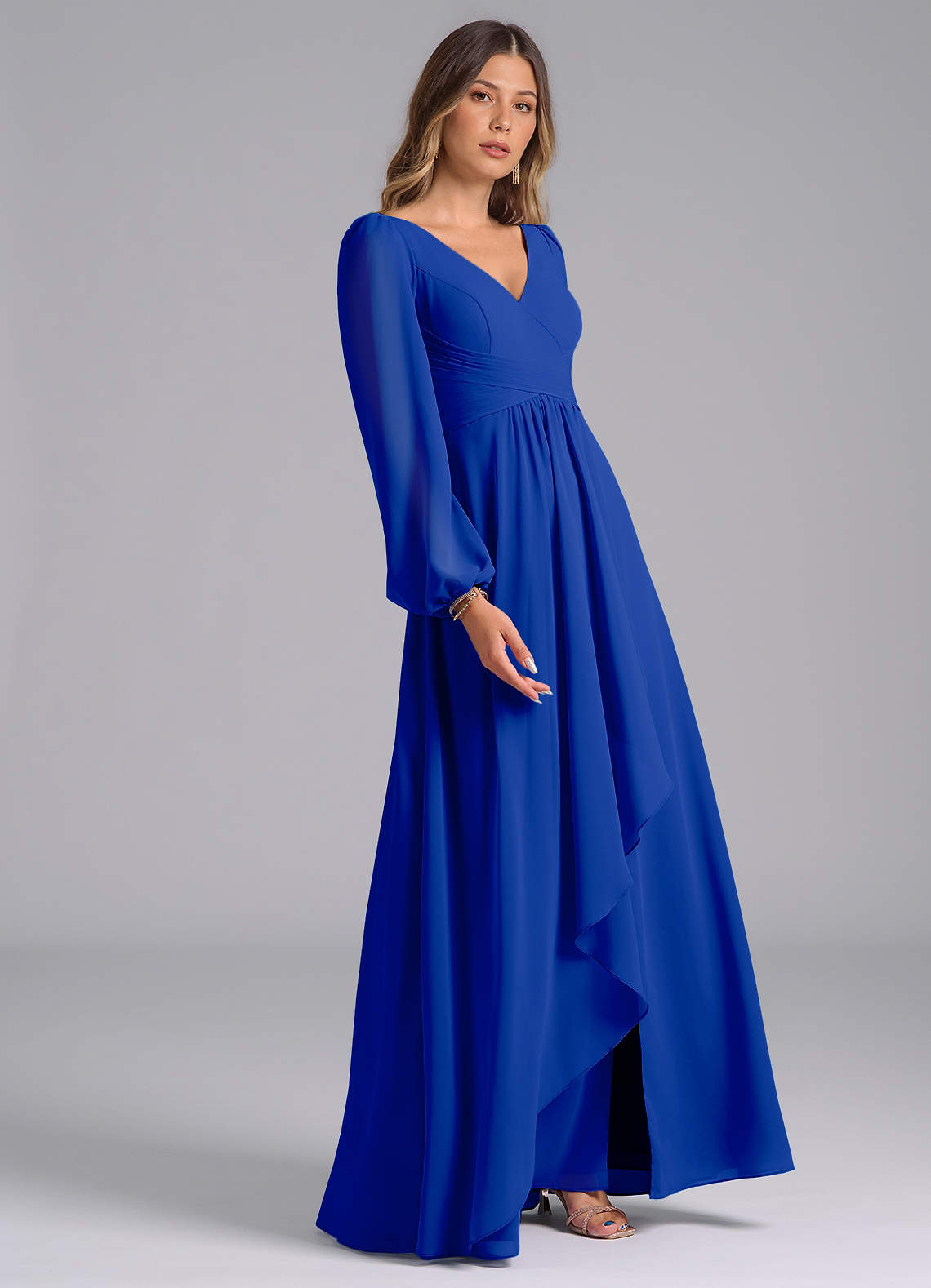 Prom Dress Silk Chiffon Dresses Uk Azazie A-Line V-Neck Long Sleeve  Floor-Length Chiffon Bridesmaid Dresses Royal Blue