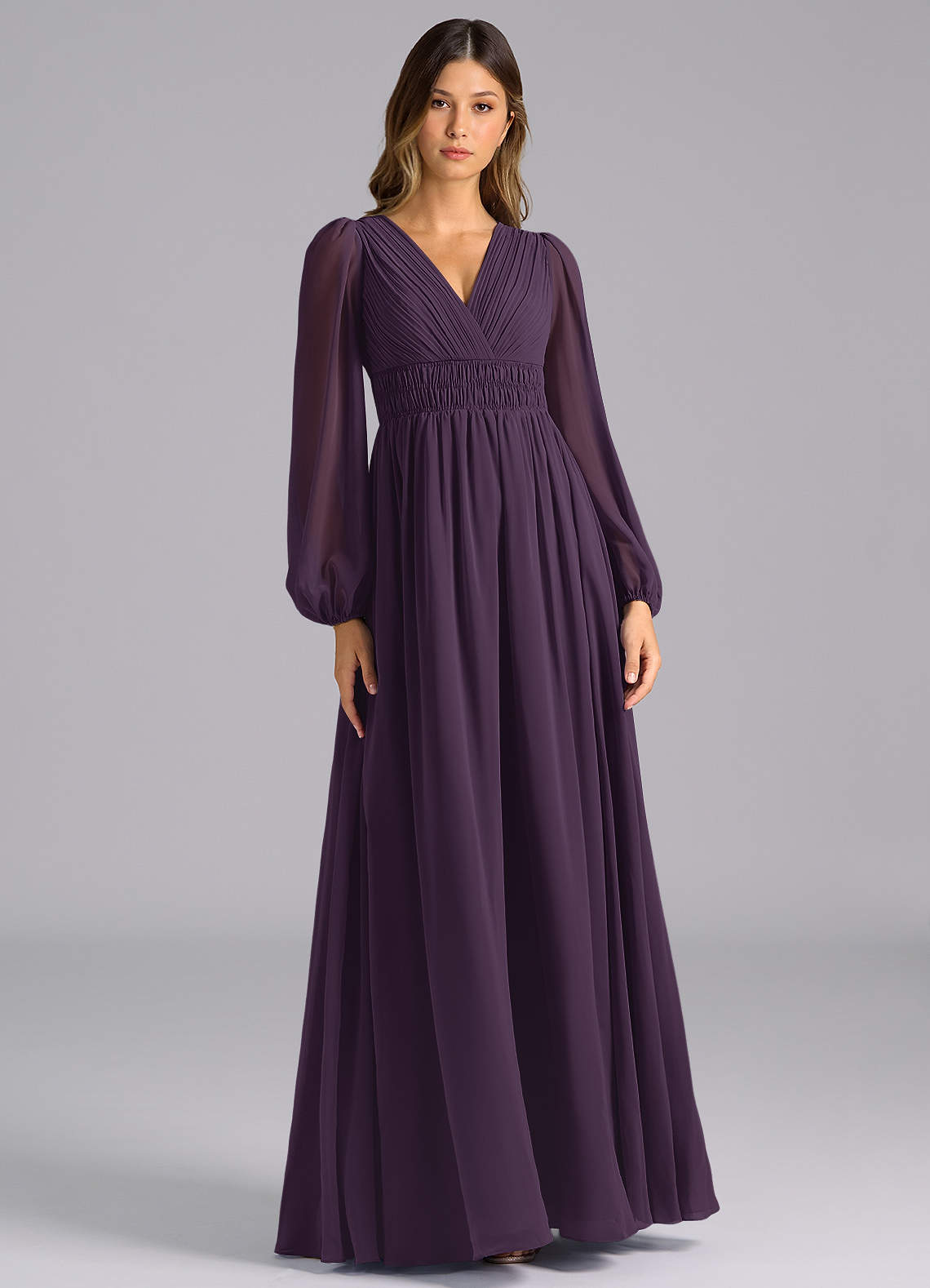Azazie Palerma Bridesmaid Dresses Plum A-Line Long Sleeve Chiffon Dress image1