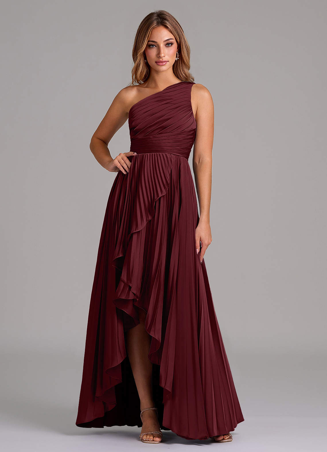 Azazie Lyrica Bridesmaid Dresses Cabernet A-Line One Shoulder Stretch Satin Dress image1