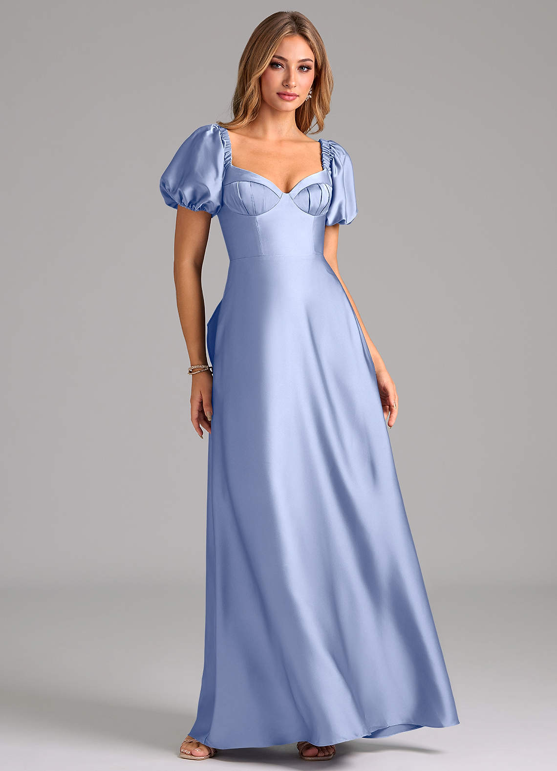 Azazie Fatima Bridesmaid Dresses Ice A-Line Pleated Stretch Satin Dress image1