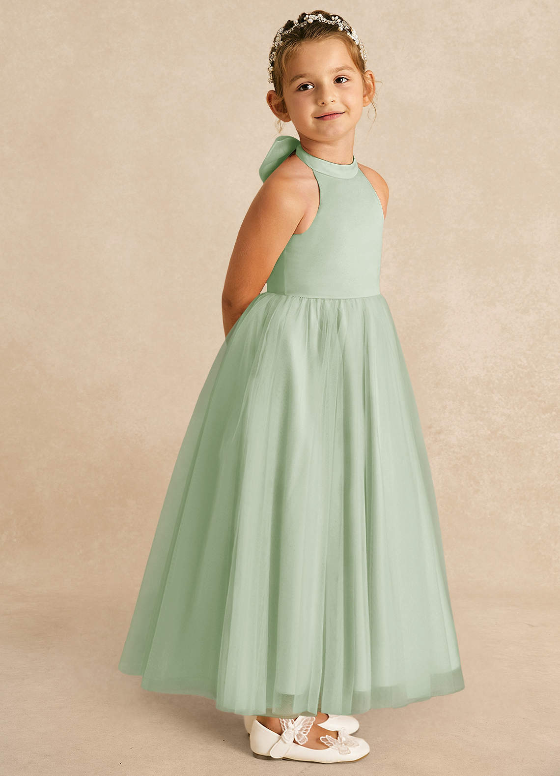 Azazie Bev Flower Girl Dresses Dusty Sage A-Line Convertible Tulle Dress image7