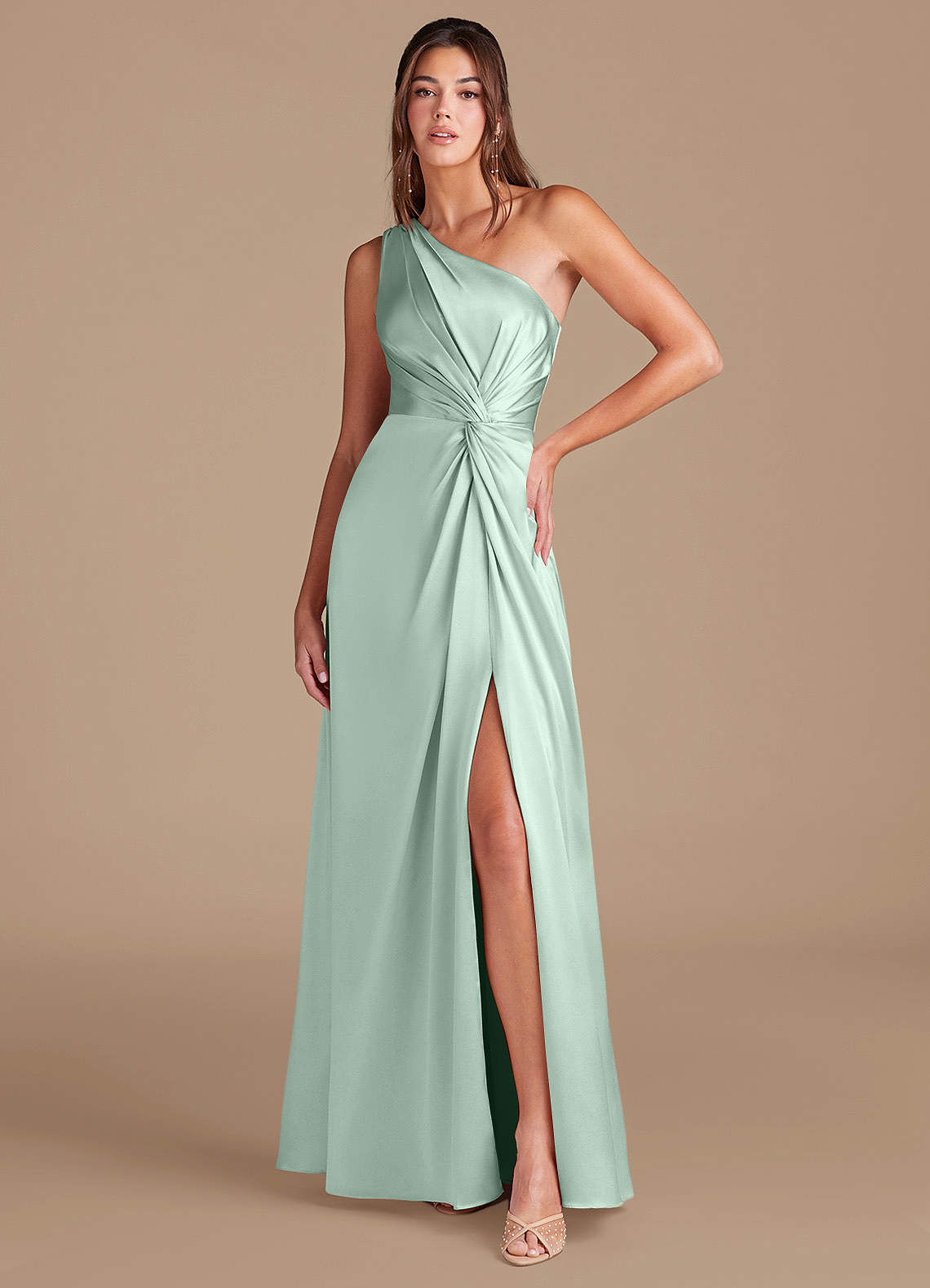 Azazie Brooke Bridesmaid Dresses Agave A-Line One Shoulder Metallic Satin Dress image1