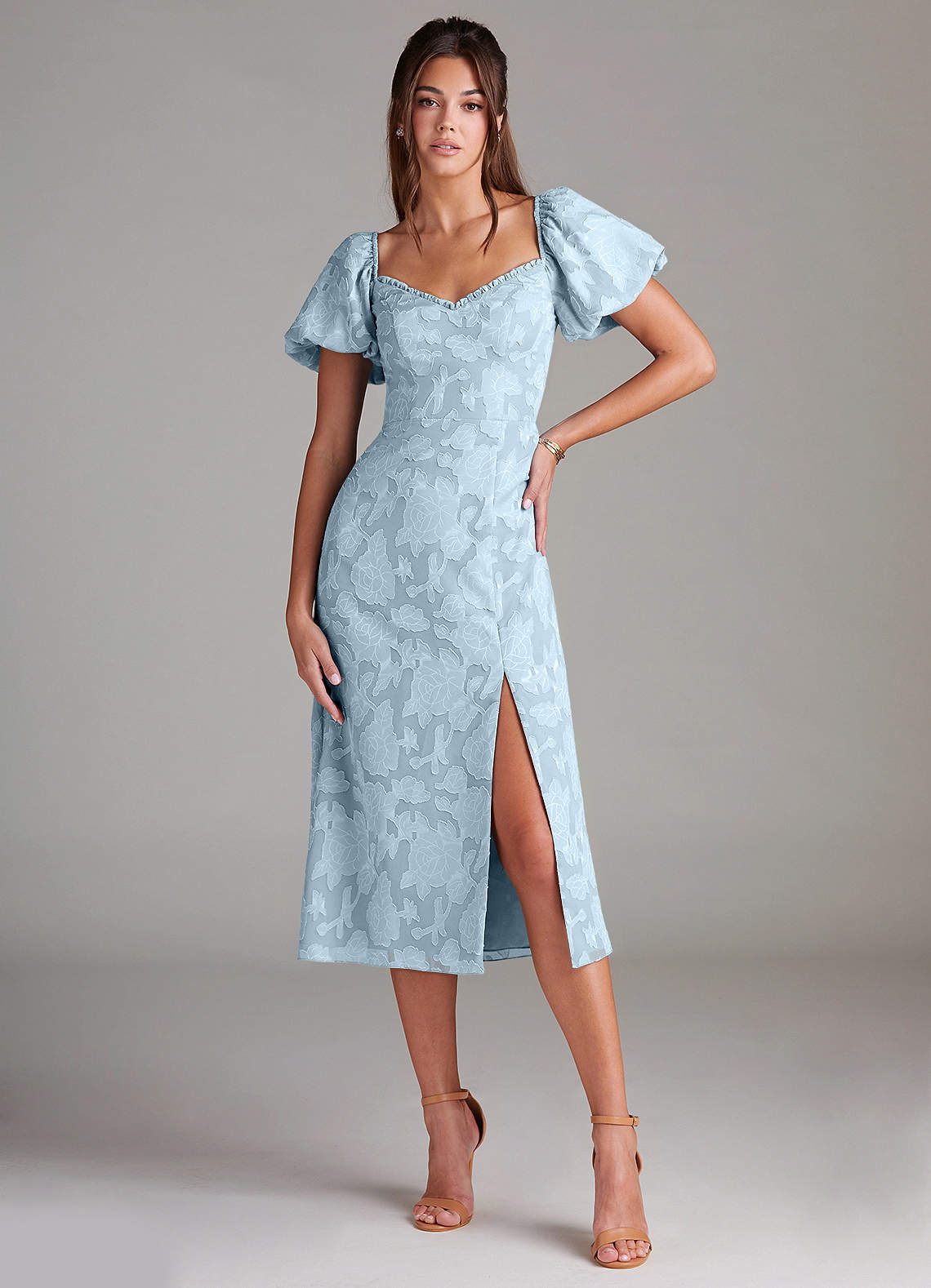 Azazie Evalina Bridesmaid Dresses Sky Blue Sheath Floral Burnout Dress image1