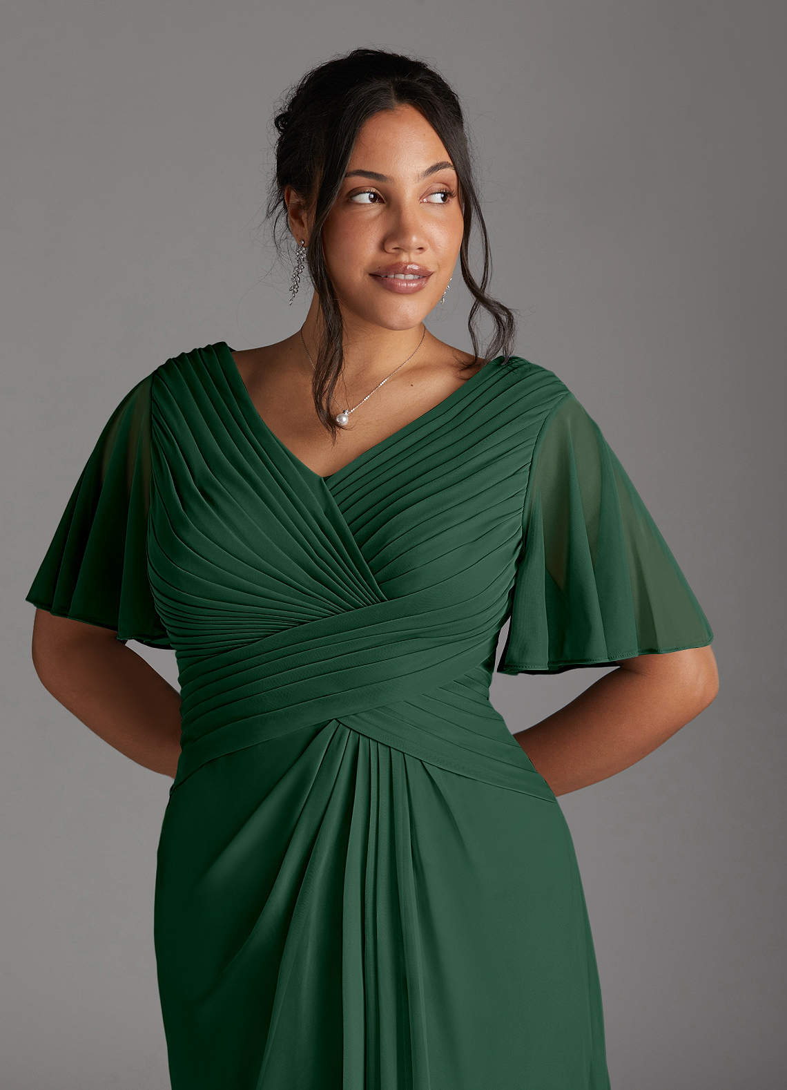 Azazie Emmeline Mother of the Bride Dresses Dark Green A-Line V-Neck Pleated Mesh Dress image9