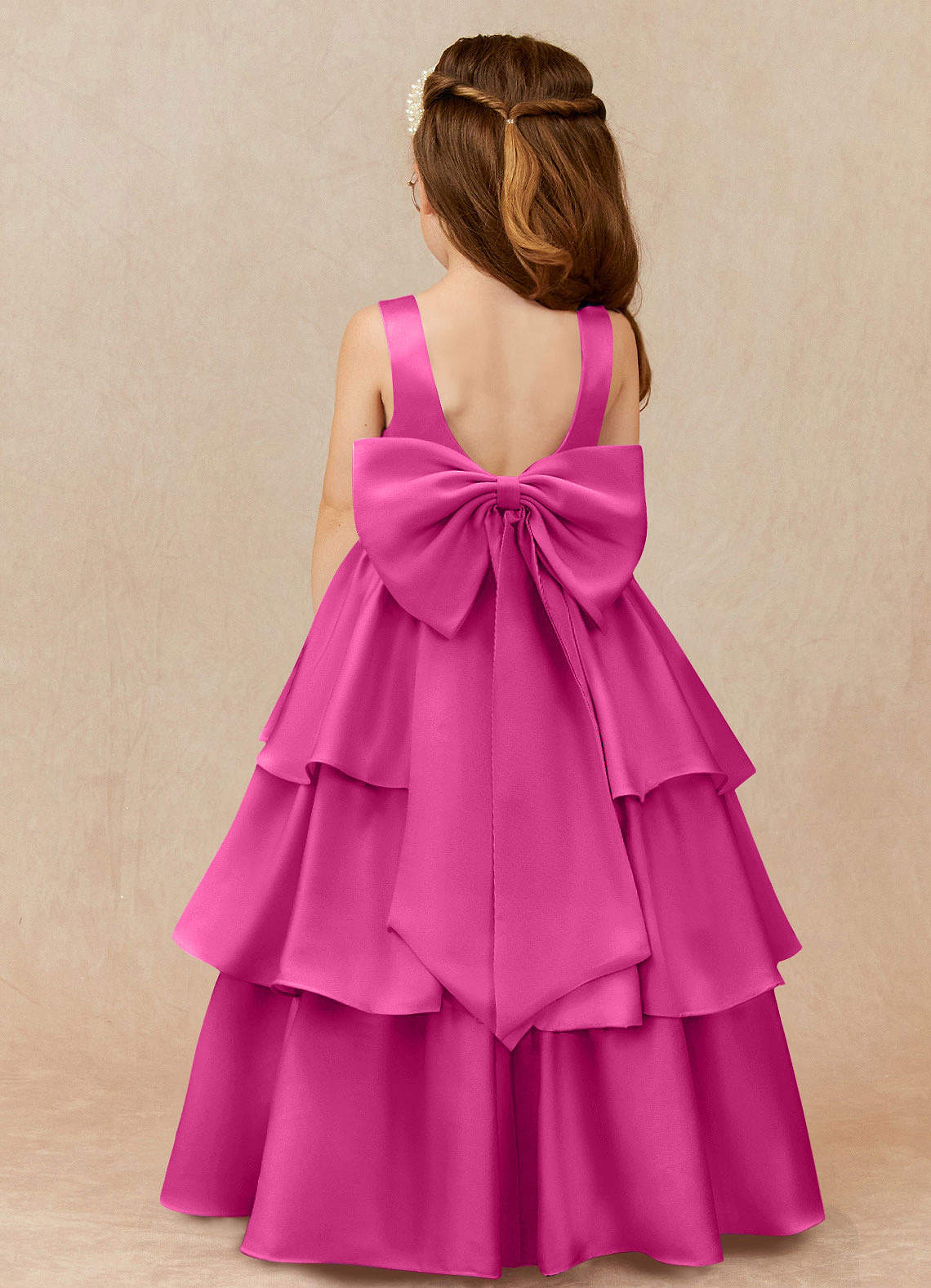 Azazie Margie Flower Girl Dresses Fuchsia A-Line Bow Stretch Satin Dress image1