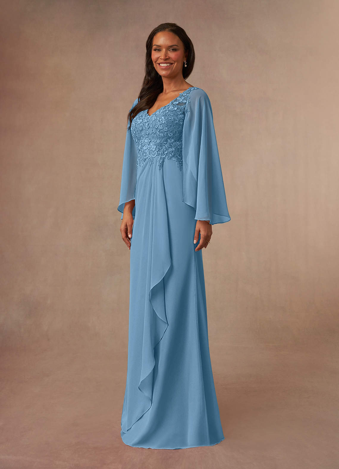 Azazie Perry Mother of the Bride Dresses Steel Blue Mermaid V-Neck Lace Chiffon Dress image1