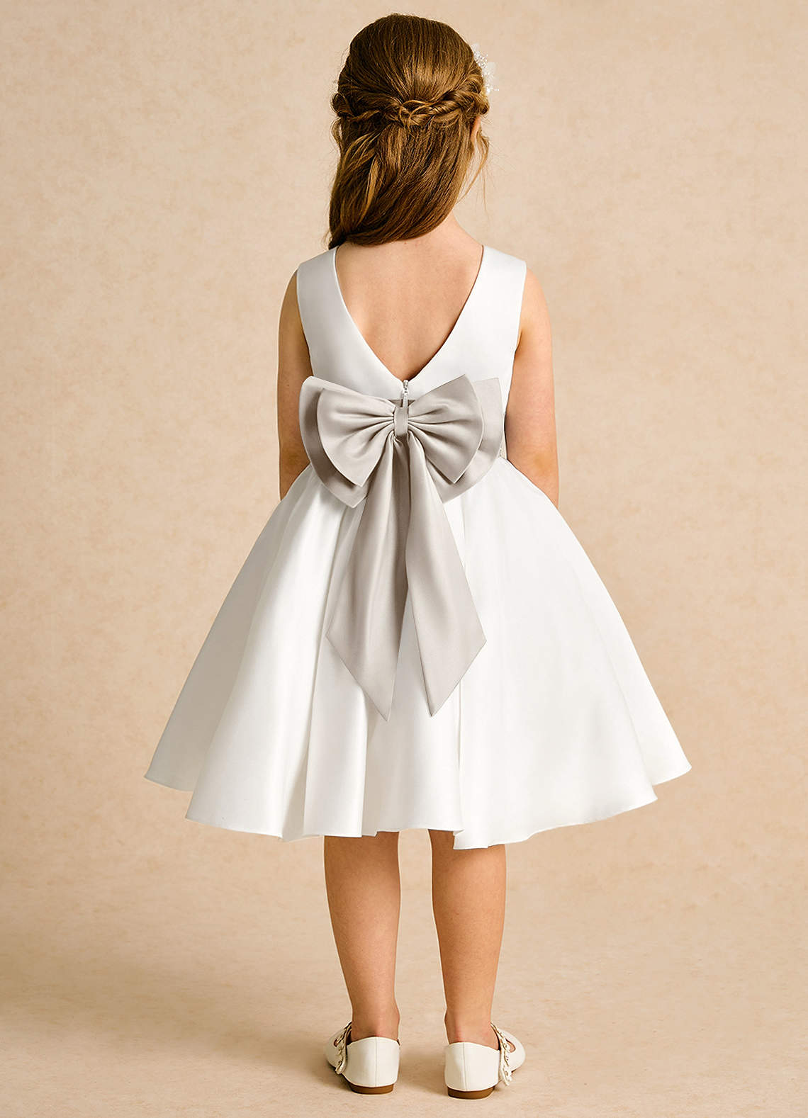 Azazie Sosie Flower Girl Dresses Ivory Frost A-Line Pleated Matte Satin Dress image1