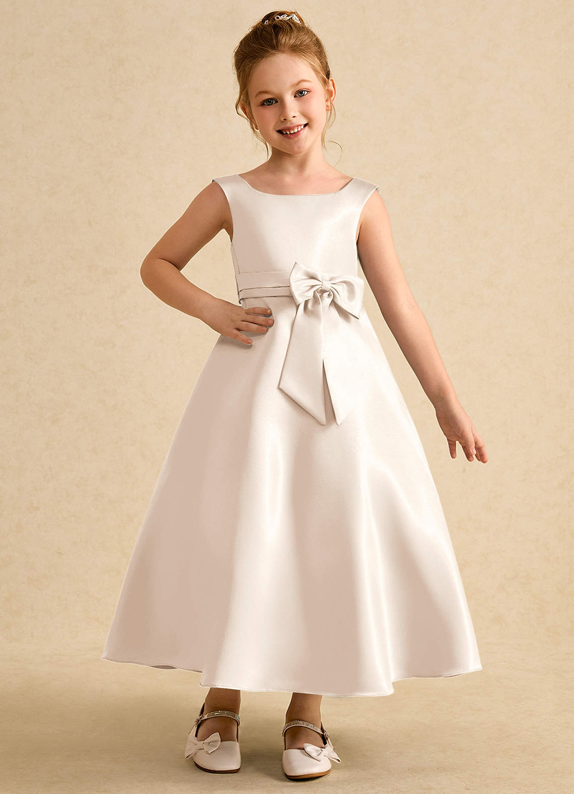 Azazie Eve Flower Girl Dresses White Alabaster A-Line Pleated Matte Satin Dress image1