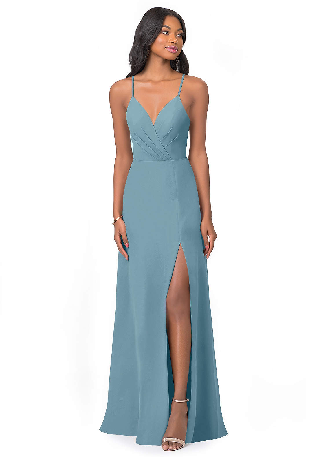 Azazie Everleigh Vestidos de damas de honor Vestido de Azul Malhumorado de Gasa de Corte en A con Corazón plisado image1