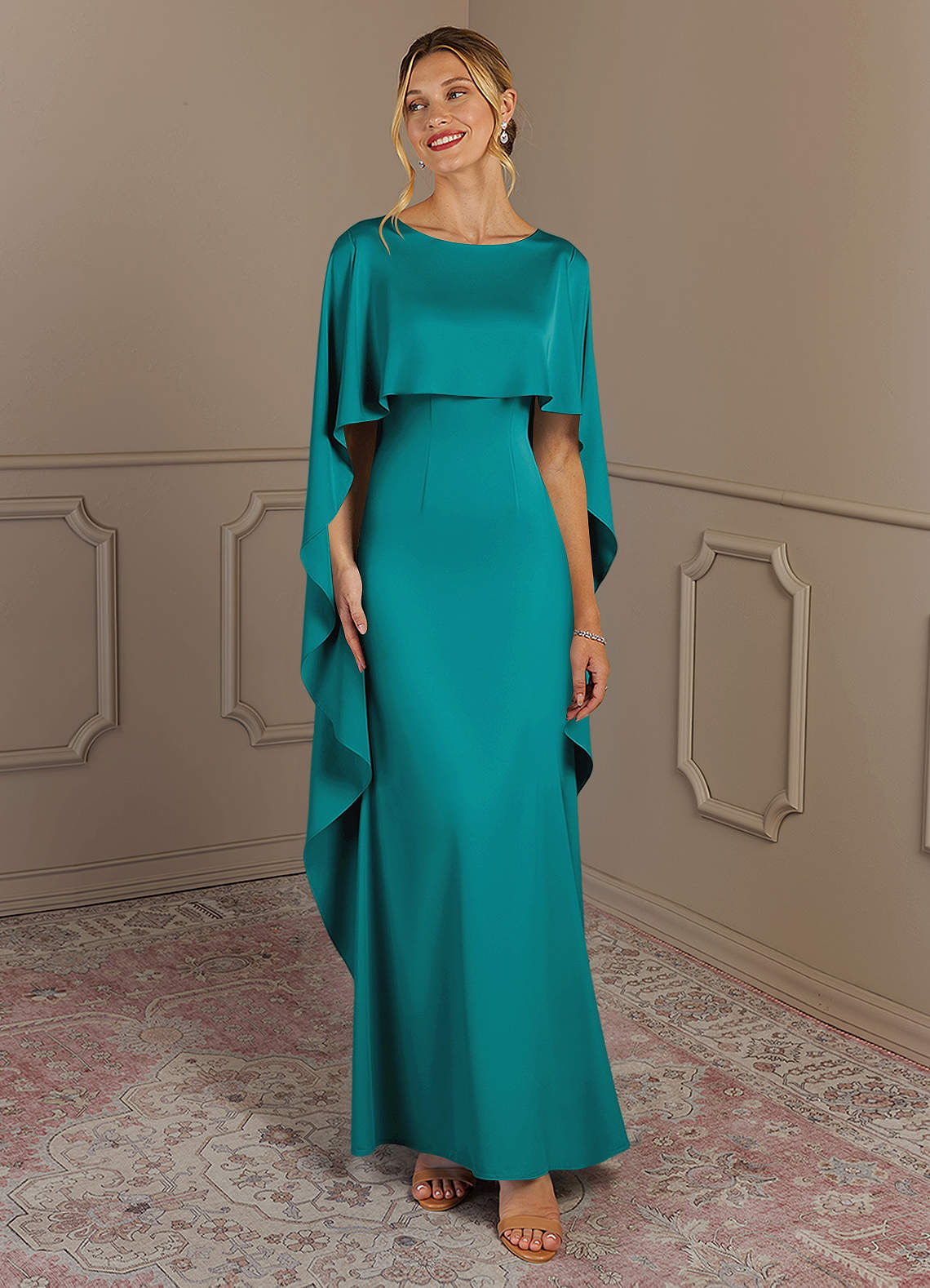 Azazie Eli Mother of the Bride Dresses Teal Sheath Boatneck Stretch Satin Dress image1