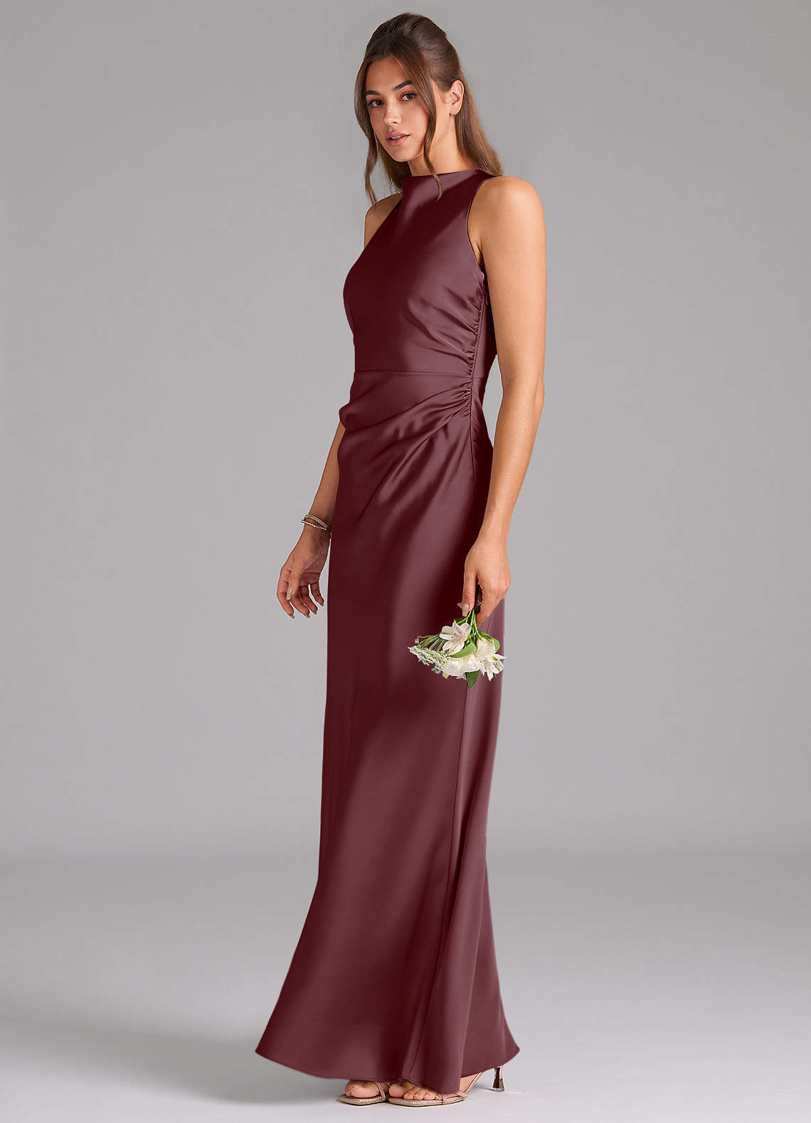 Azazie Evadne Bridesmaid Dresses Sangria A-Line Pleated Stretch Satin Dress image1