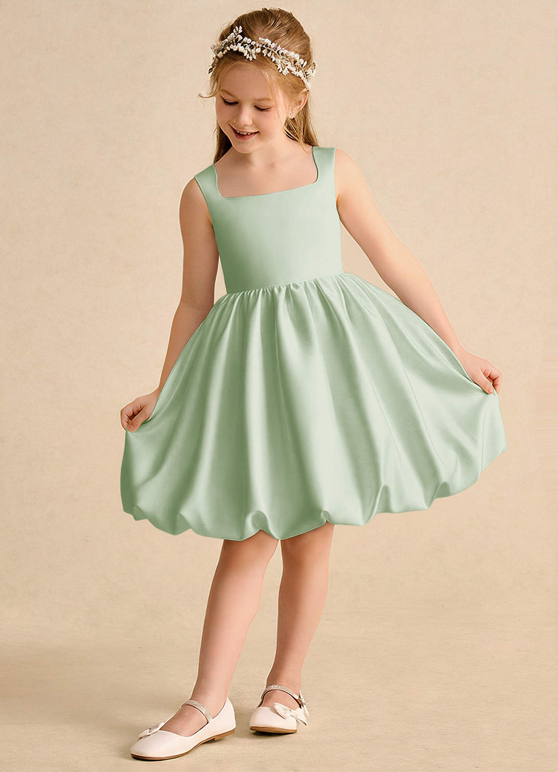 Azazie Nirvana Robe Demoiselle D'honneur Fillette Robe Princesse en Mat Satiné Rayé Vert Sauge image2